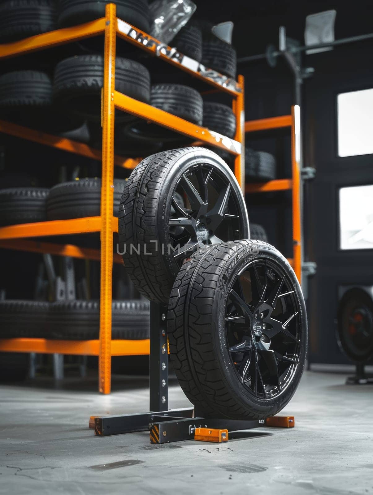 A single black tire stands on a minimalist yellow display stand, creating a striking visual in an automotive workshop, with a focus on the tire's design and tread