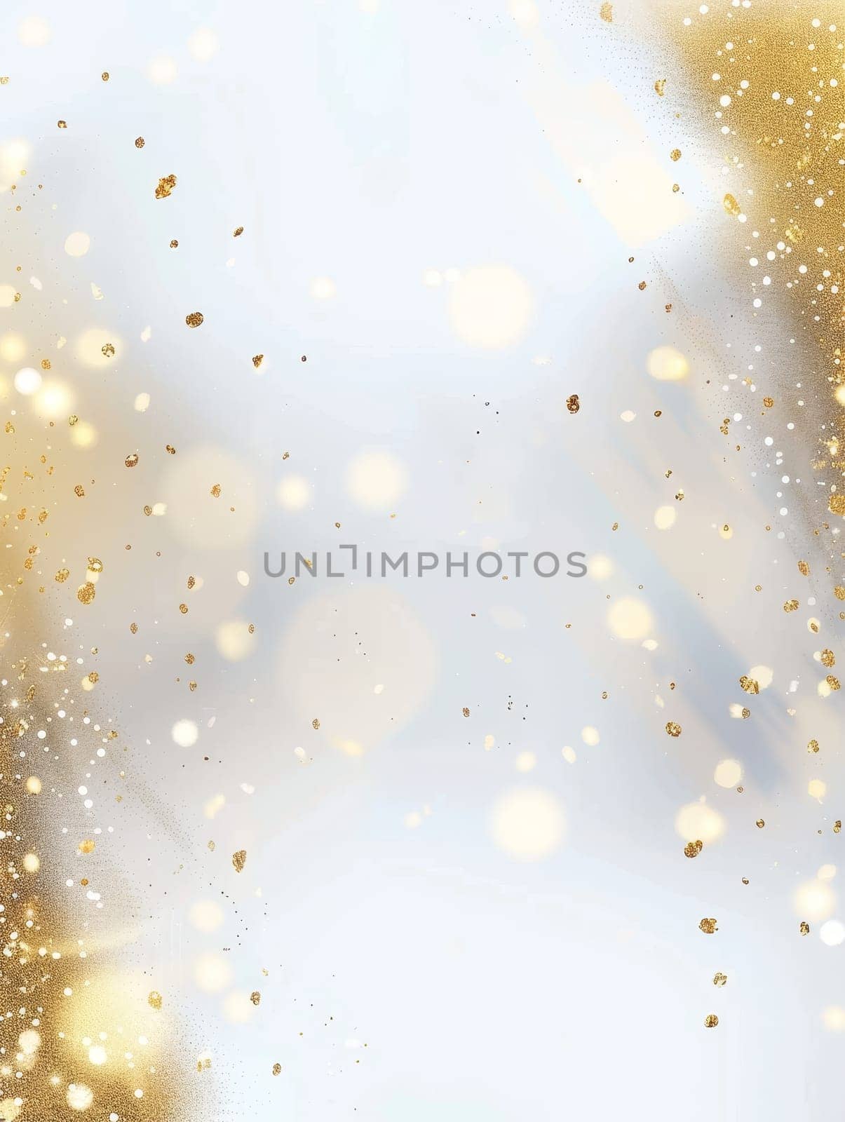 Sparkling gold dust and glitter create a magical winter atmosphere against a soft, snowy backdrop. The festive ambience evokes the spirit of holiday celebrations