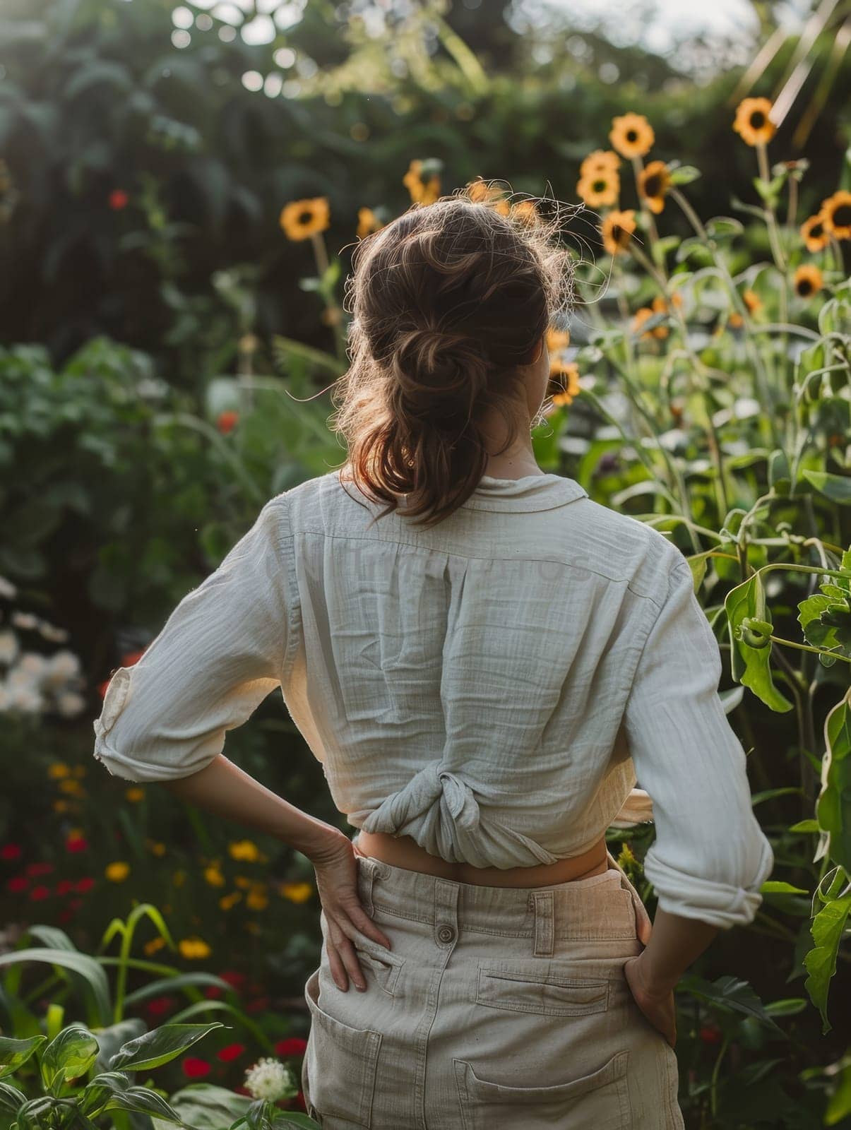 A thoughtful woman stands in a serene garden, her gaze directed away as she contemplates her surroundings. The setting sun illuminates the lush landscape and the bright sunflowers behind her.