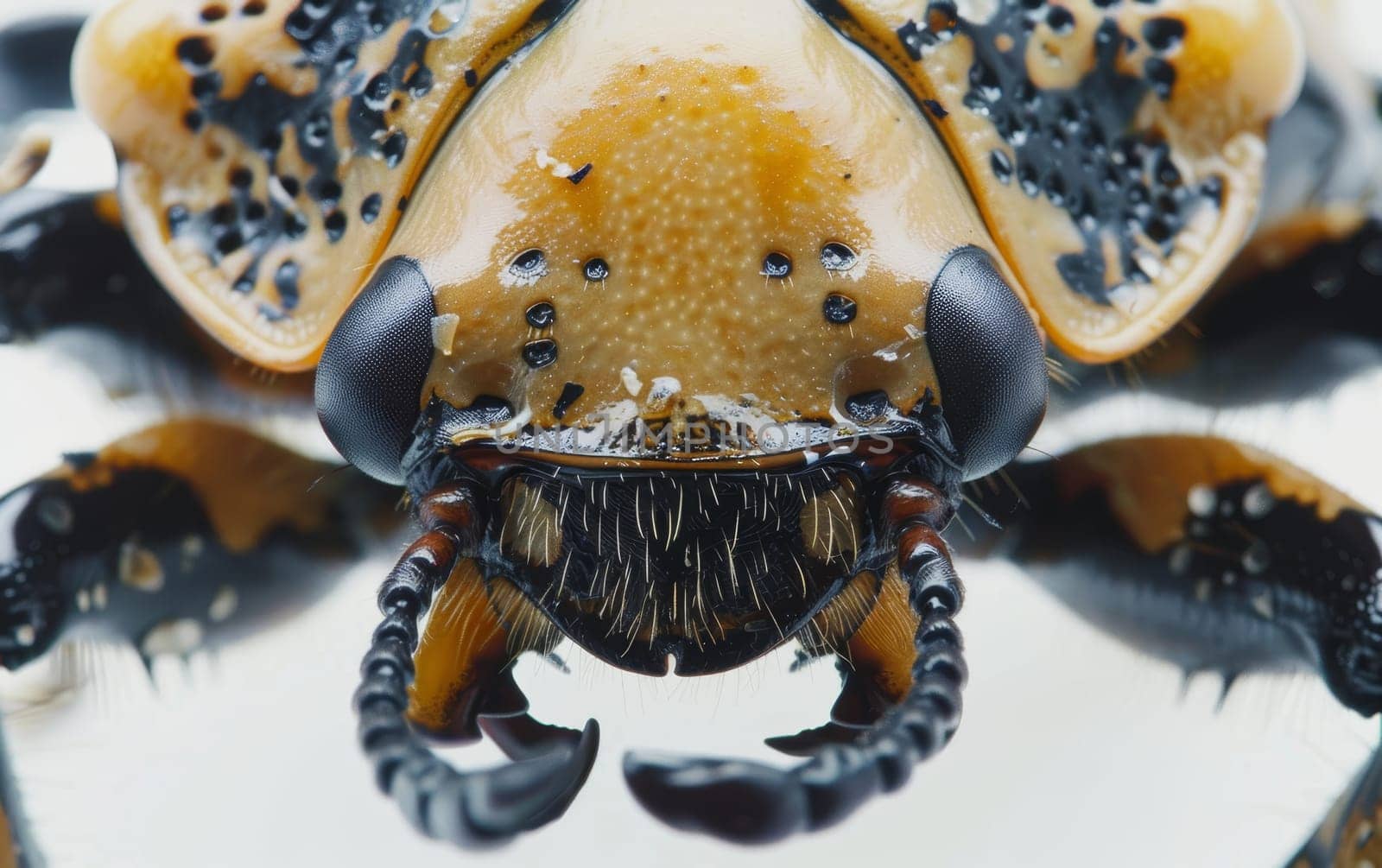 This macro image exhibits a Goliath beetle's pincers, highlighting the impressive mechanics and formidable appearance of its front claws. The design reflects evolutionary perfection.