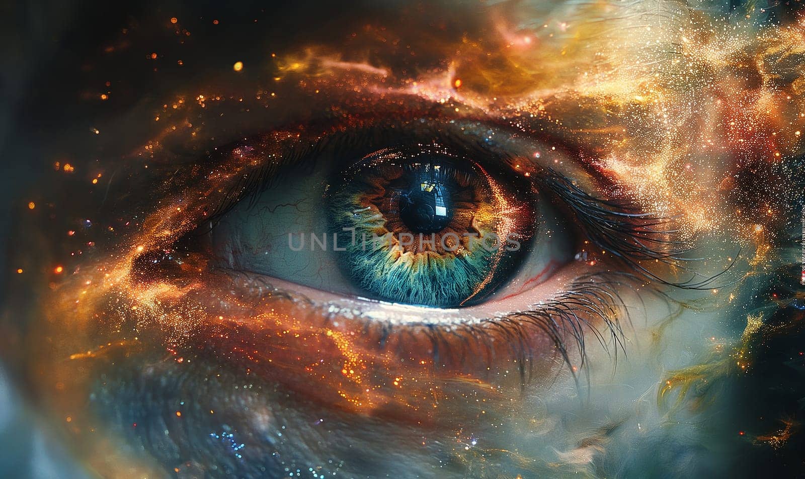 Close-up of an eye overlay with a galaxy.