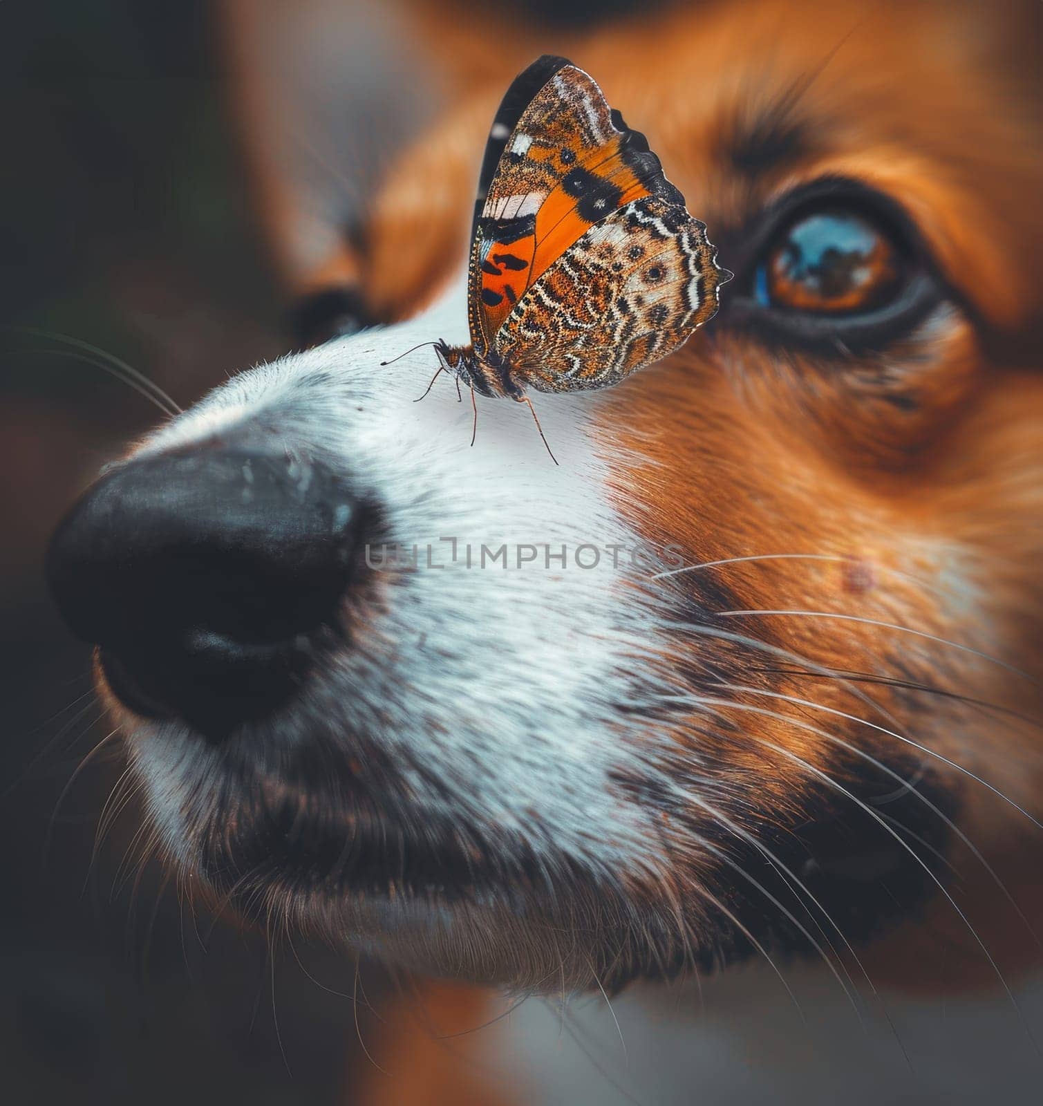A butterfly with wings like stained glass perches on a corgi dog's nose, a soft blur of fur and eyes in the background. This moment captures a poetic and delicate interaction.