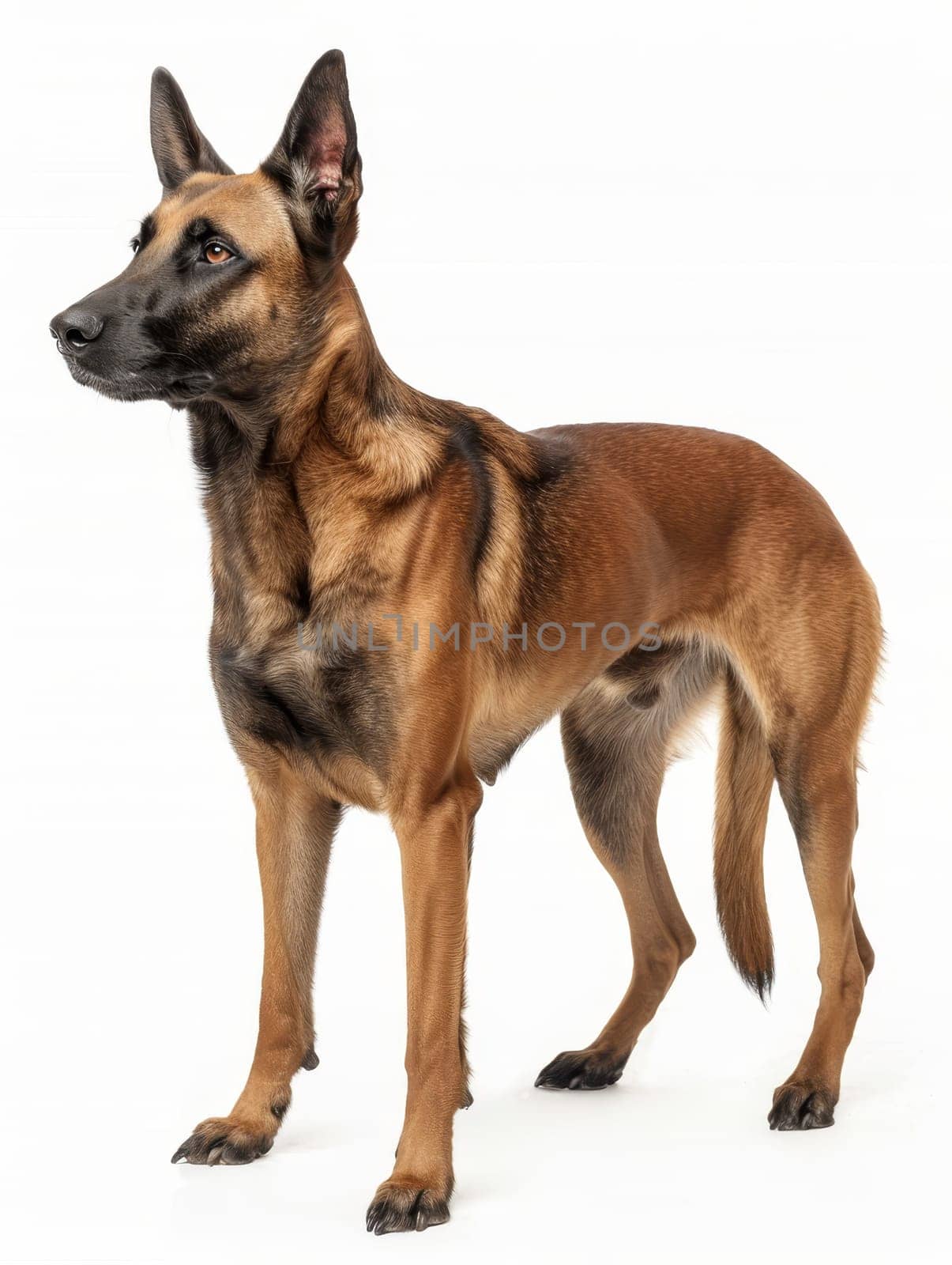 A Belgian Malinois stands alert on a white background, its head turned to the side, showcasing the breed's poised and vigilant nature.