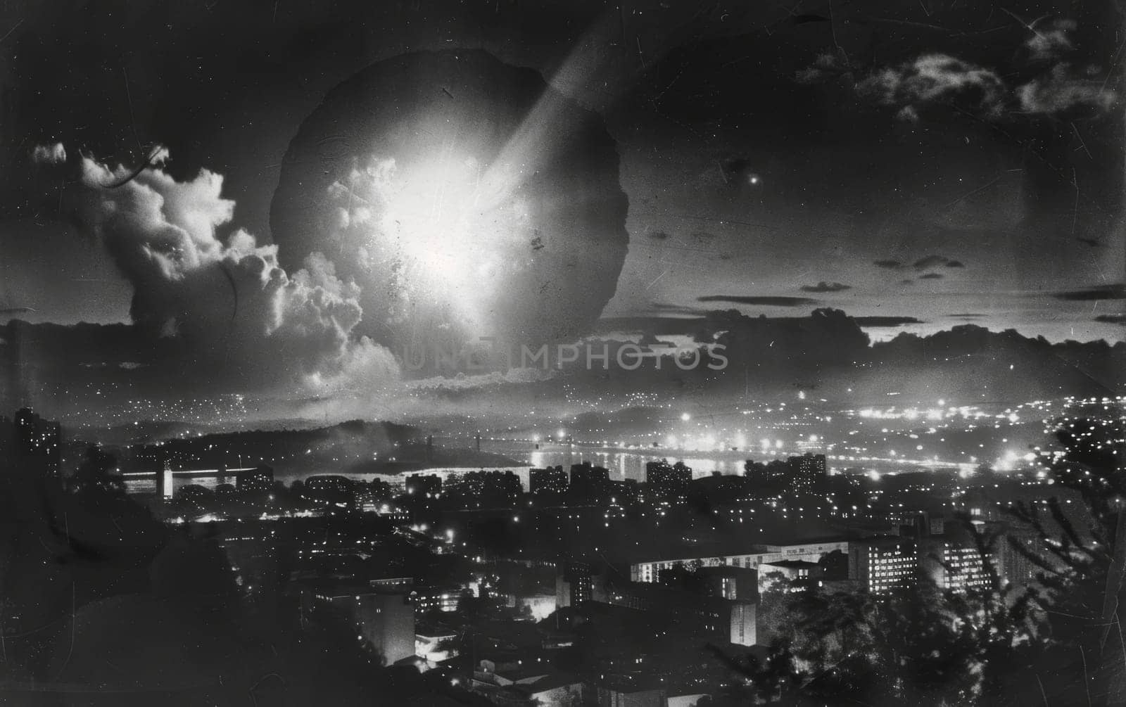 A vintage black and white photo captures a dramatic explosion illuminating the night sky over a cityscape, evoking a sense of historical drama and urgency.