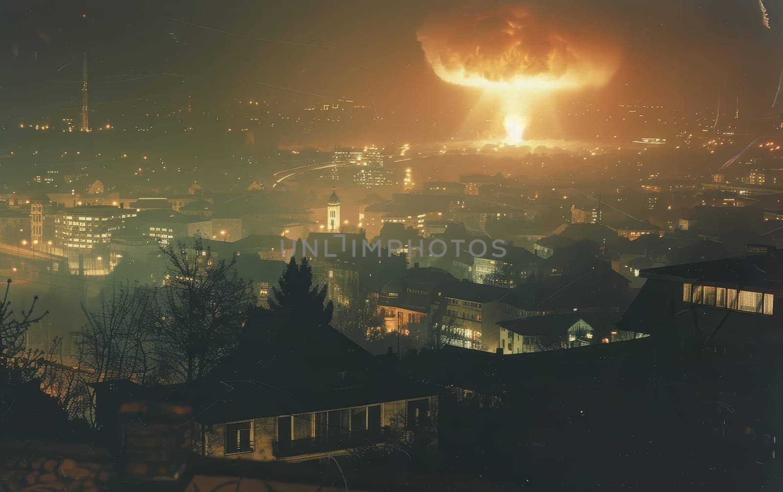 An ominous explosion illuminates a nighttime cityscape, casting a dramatic glow over the urban environment. The event captures a moment of intensity amidst the calm of the city's evening routine.