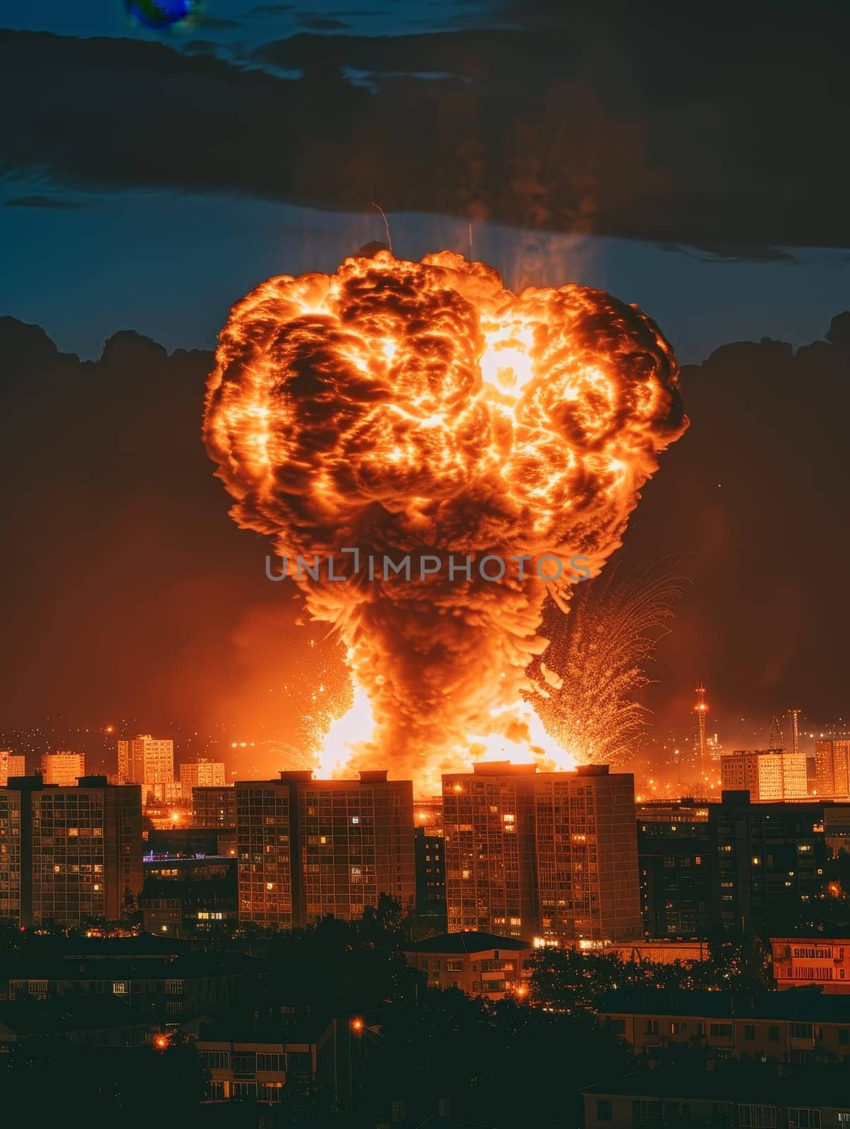 An explosion erupts in an urban environment at dusk, the fiery glow casting a haunting light over the city buildings, suggesting urgency and danger.. by sfinks