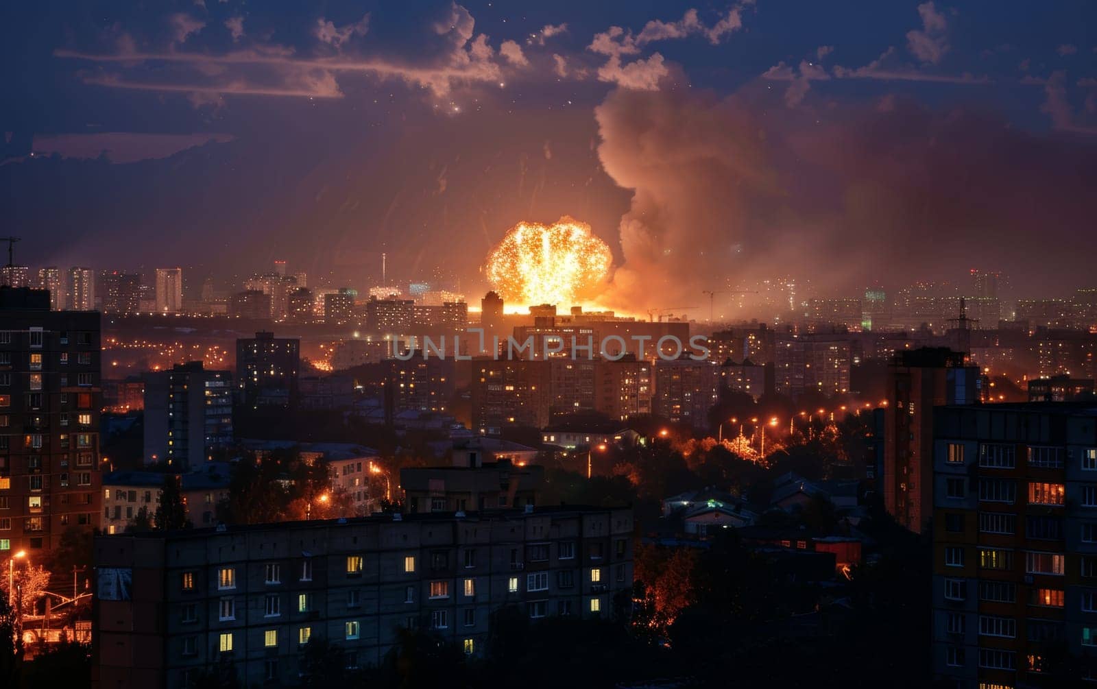 The fiery explosion over a city at twilight paints a scene of chaos and beauty, a juxtaposition of destruction against the quiet night.