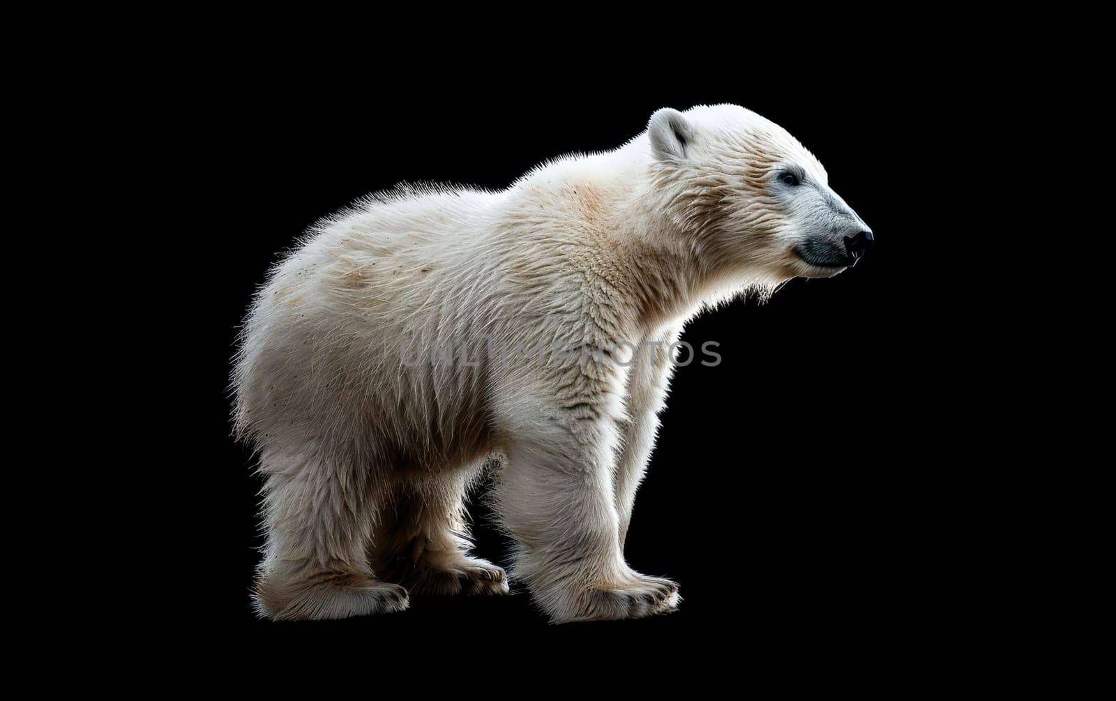A young polar bear stands in profile against a stark black background, highlighting its distinctive silhouette. The contrast accentuates the bear's unique features and the soft texture of its coat.