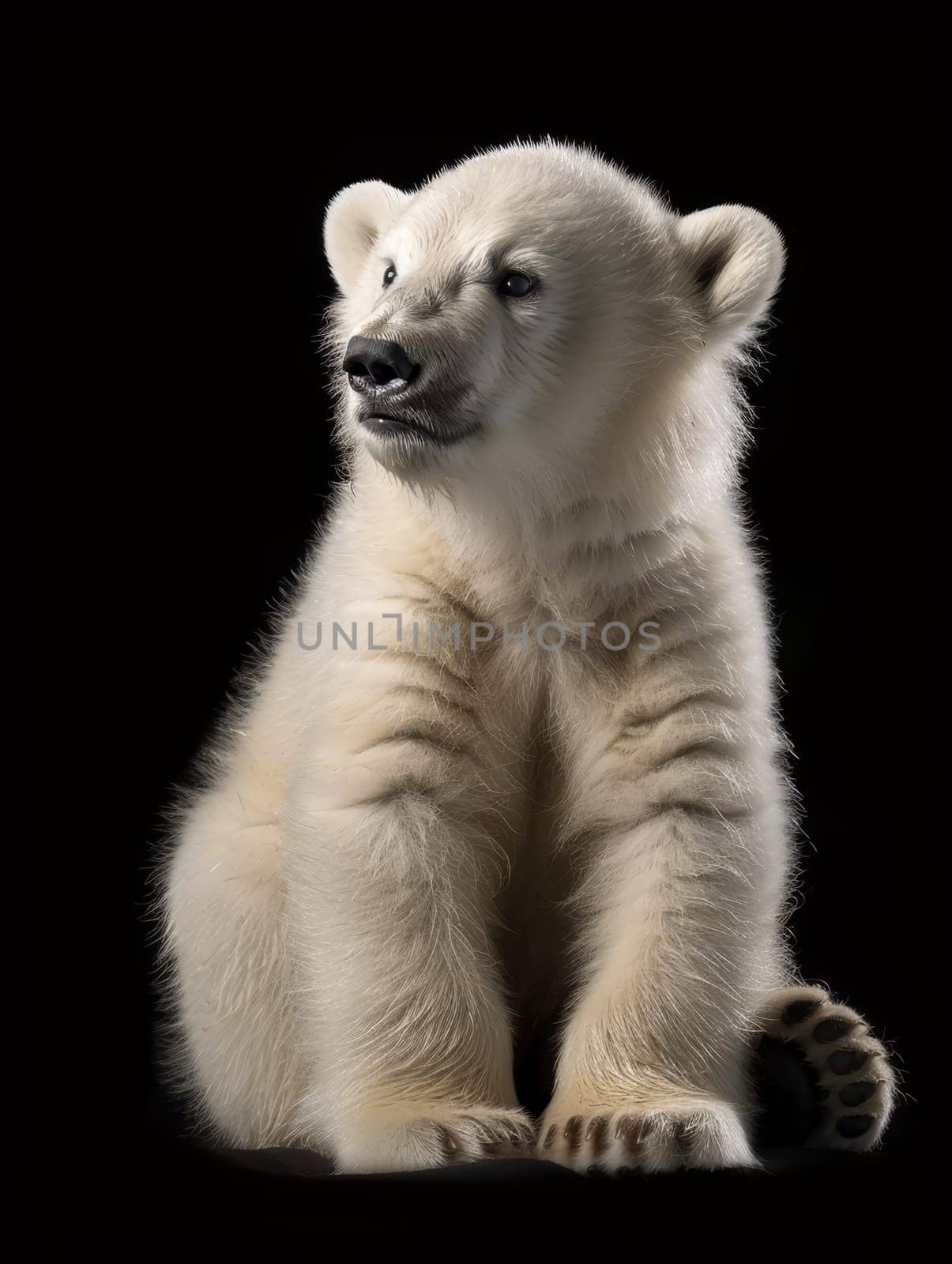 A polar bear cub sits against a dark background, its white fur glowing softly as it looks curiously towards the viewer, embodying vulnerability and the need for conservation.