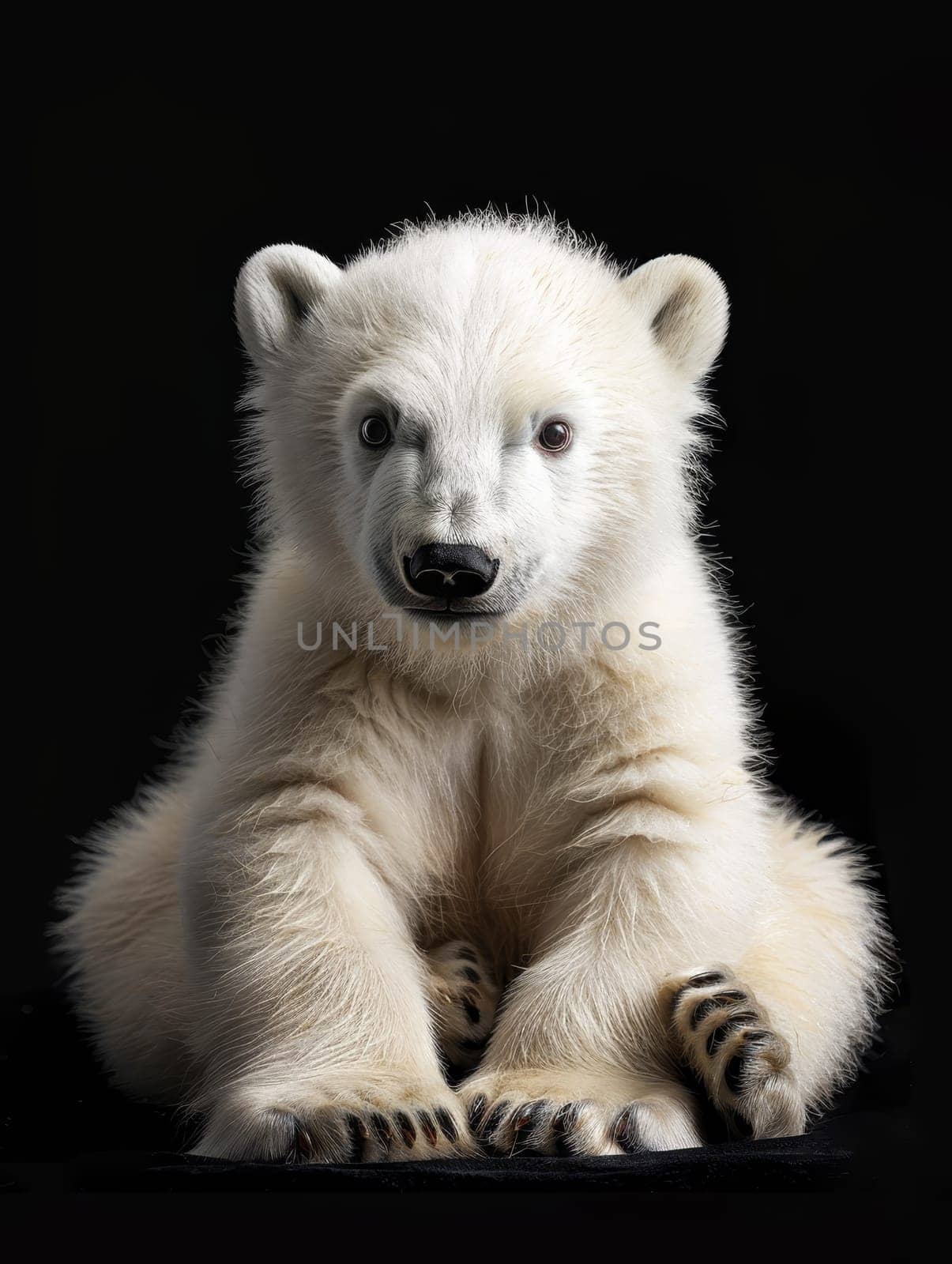 A polar bear cub sits against a dark background, its white fur glowing softly as it looks curiously towards the viewer, embodying vulnerability and the need for conservation.