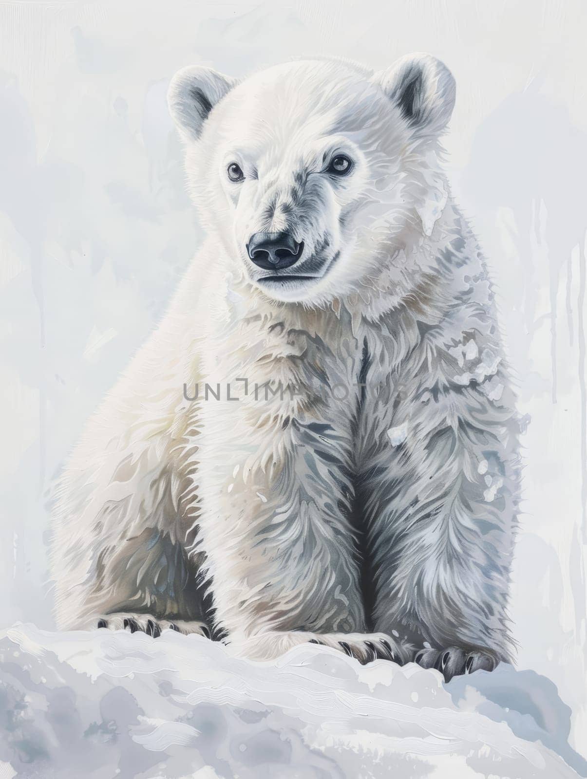 An artistic rendition of a polar bear, depicted with brush strokes that capture the animal's essence amidst a winter setting