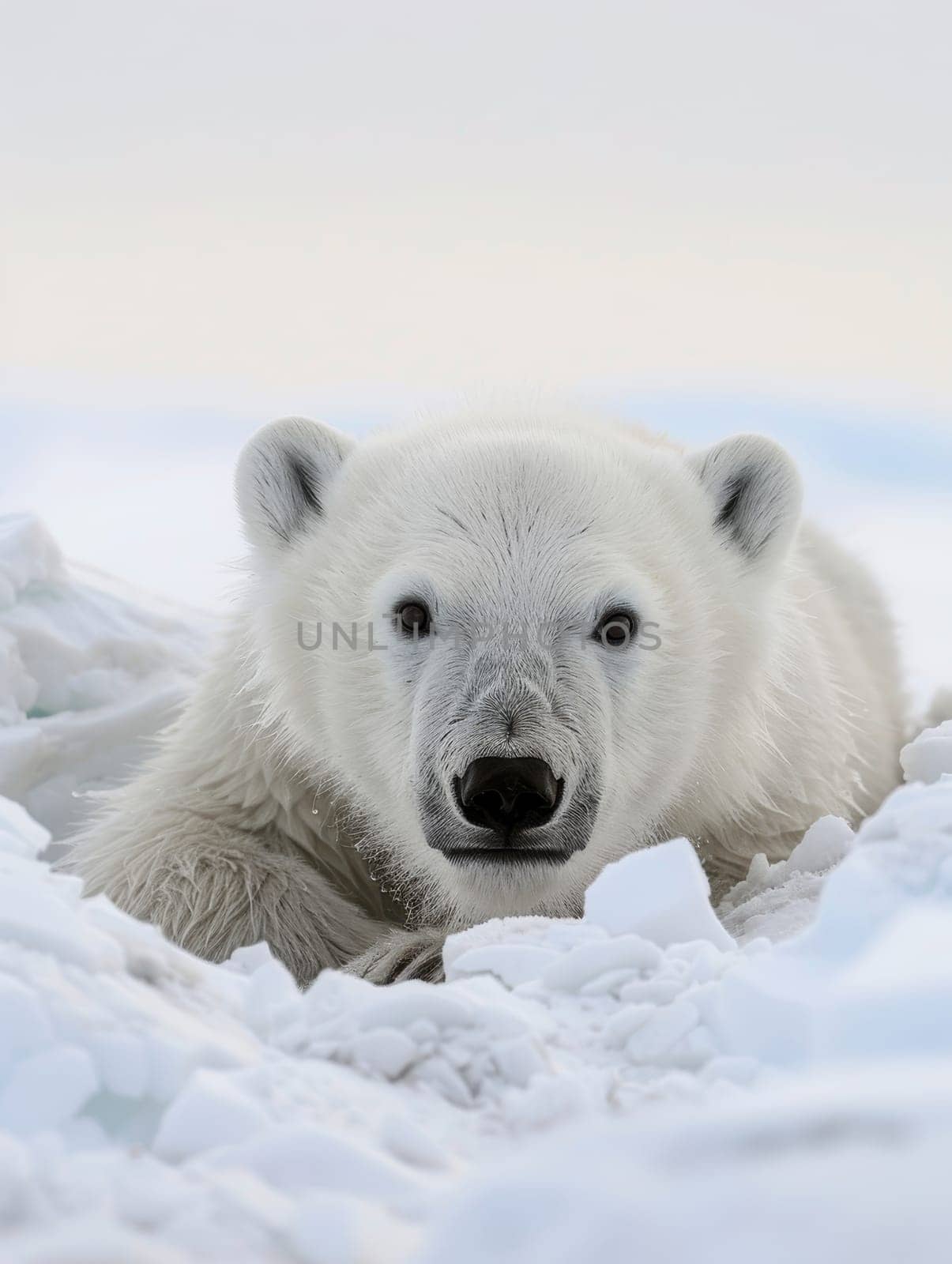 A polar bear peers curiously at the camera, nestled in the frosty embrace of its arctic environment. White fur blends seamlessly with the icy backdrop, conveying a sense of calm and resilience