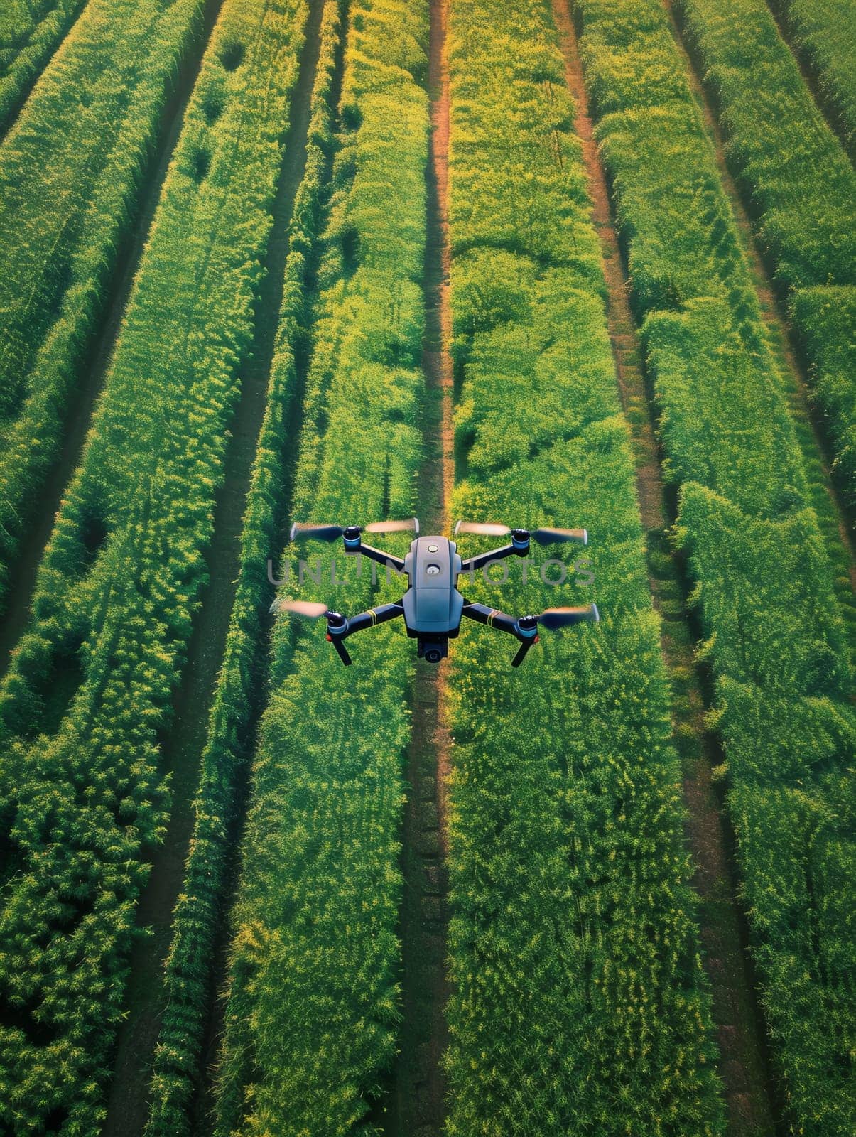 A drone surveys the lush, sunlit crop fields, capturing the essence of modern agriculture and effective land management. Organized rows exemplify careful cultivation and farming efficiency. by sfinks
