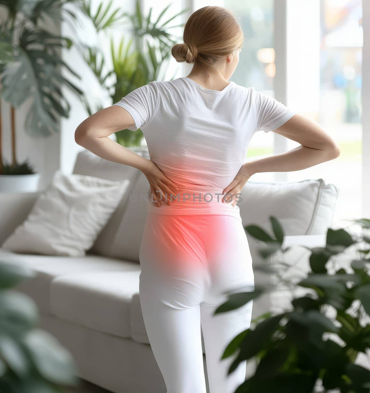 A woman in white attire stands in a bright living room, hands pressed to her lower back, indicating pain. The surrounding indoor plants contribute to tranquil home environment despite the discomfort
