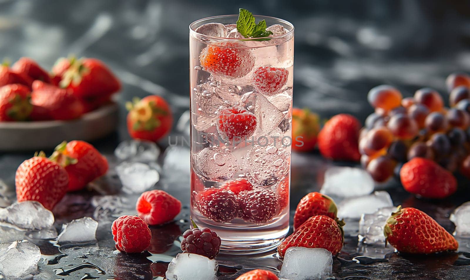 A glass filled with ice cubes and fresh strawberries on a wooden table.