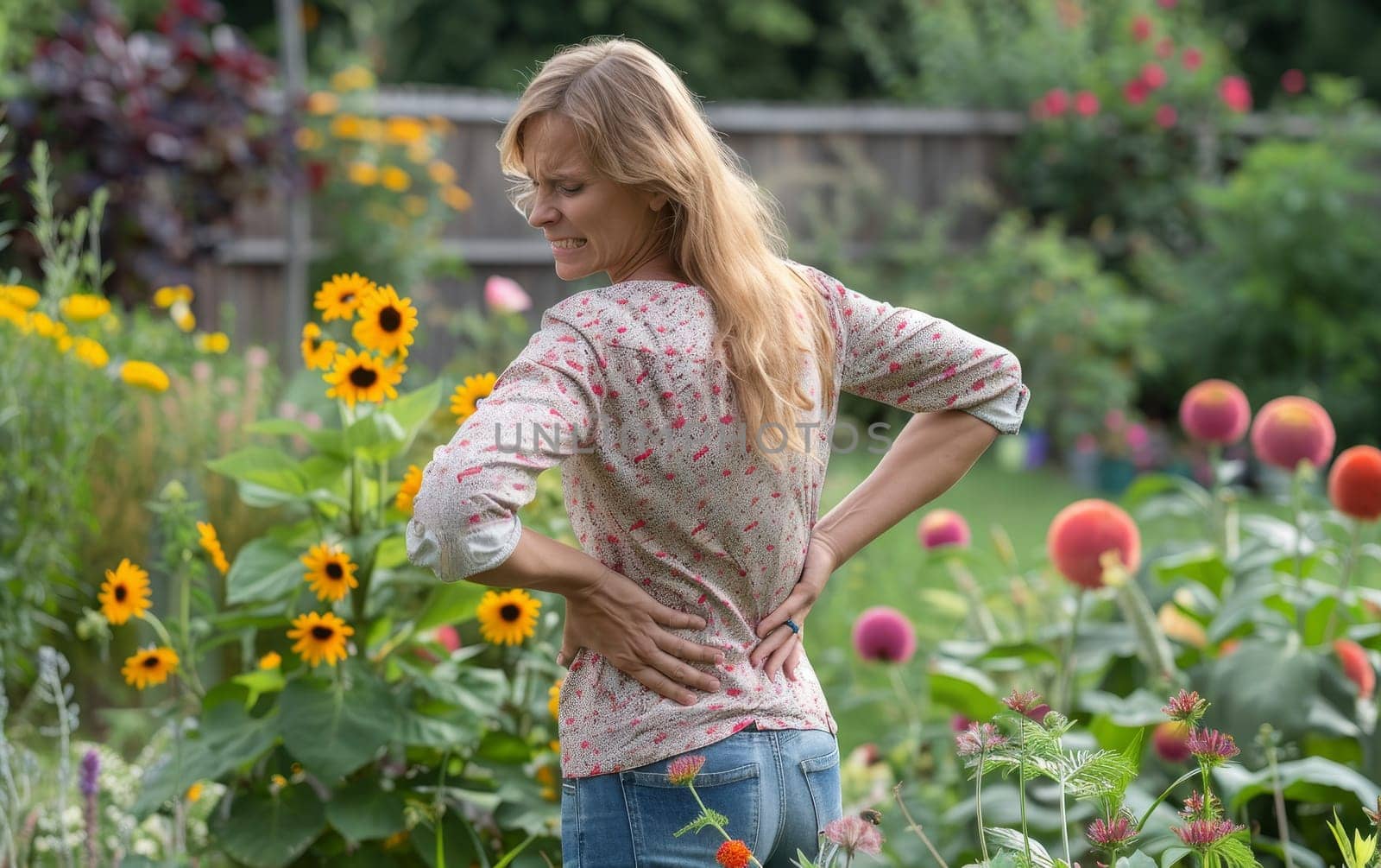 A woman grimaces in pain, clutching her back amidst a burst of garden blooms. The tension in her posture contrasts with the tranquil setting of her colorful, flower-filled environment.