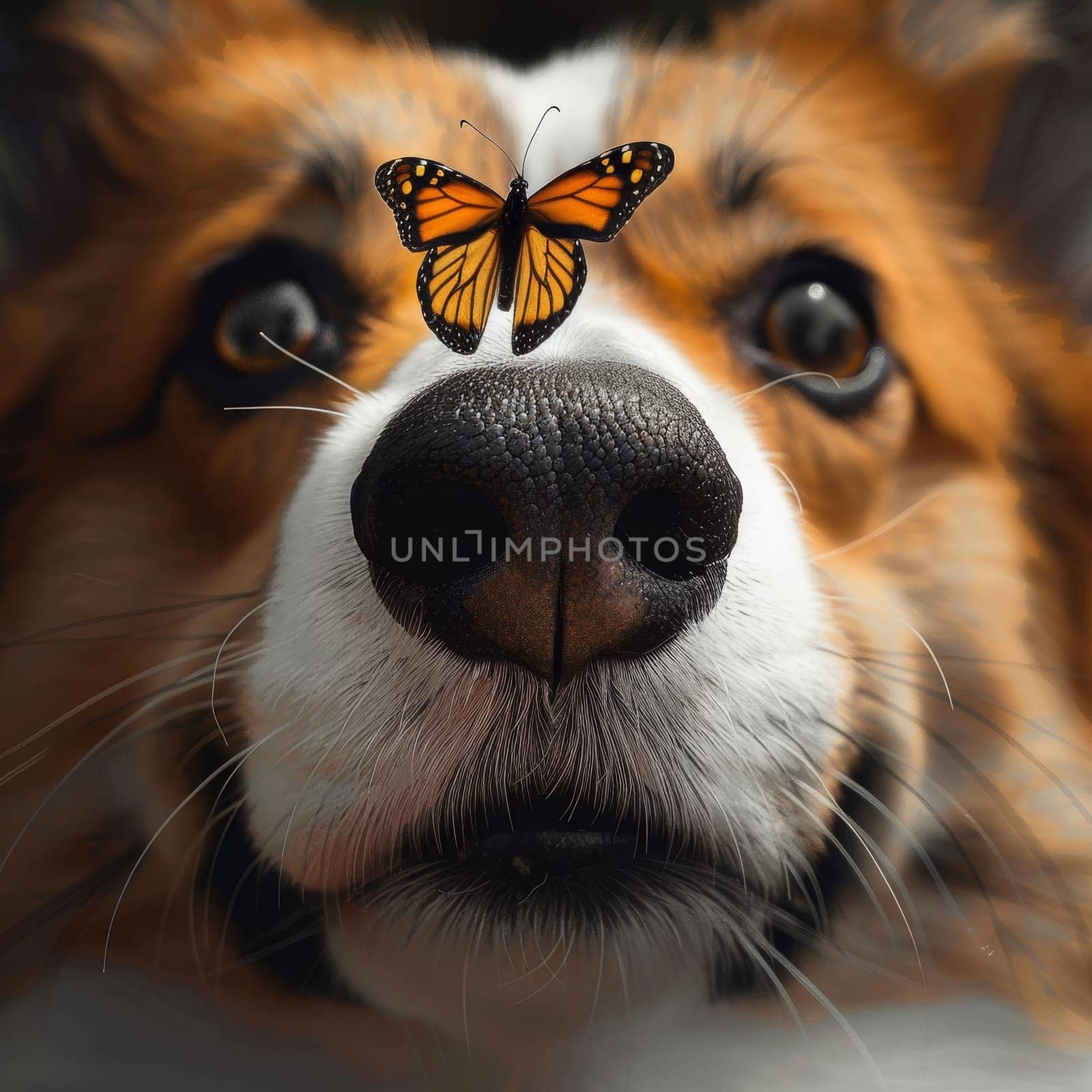 A painted lady butterfly sits gently on a corgi dog's snout, its intricate wings contrasting with the dog's soft fur. Both subjects are in sharp focus against a soft background.