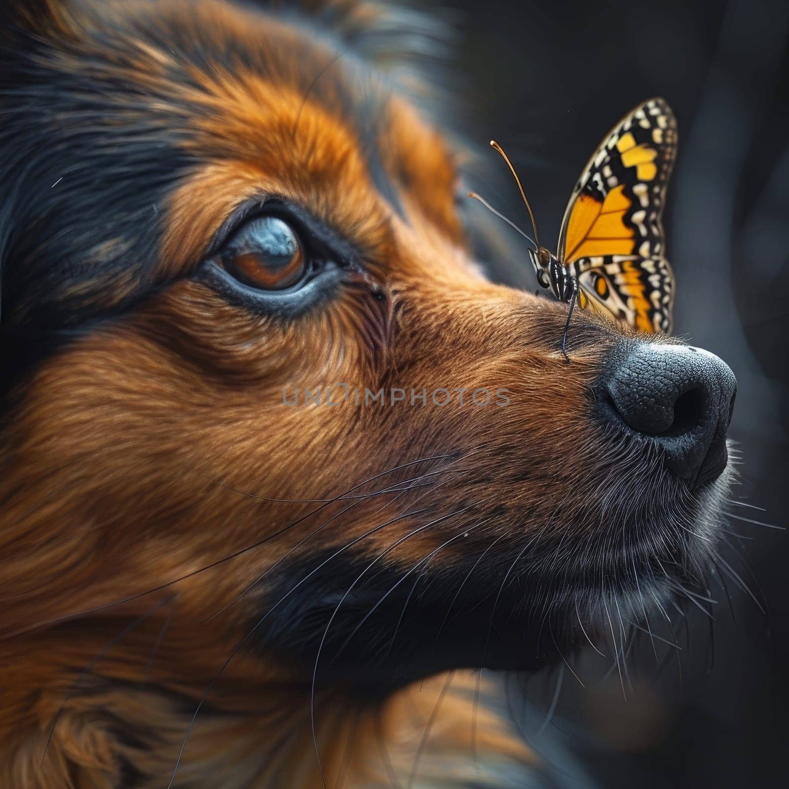 A close-up of a dog's face as a butterfly rests on its nose, capturing a moment of tranquil coexistence. The animal's gaze is diverted, allowing the delicate insect to perch peacefully.