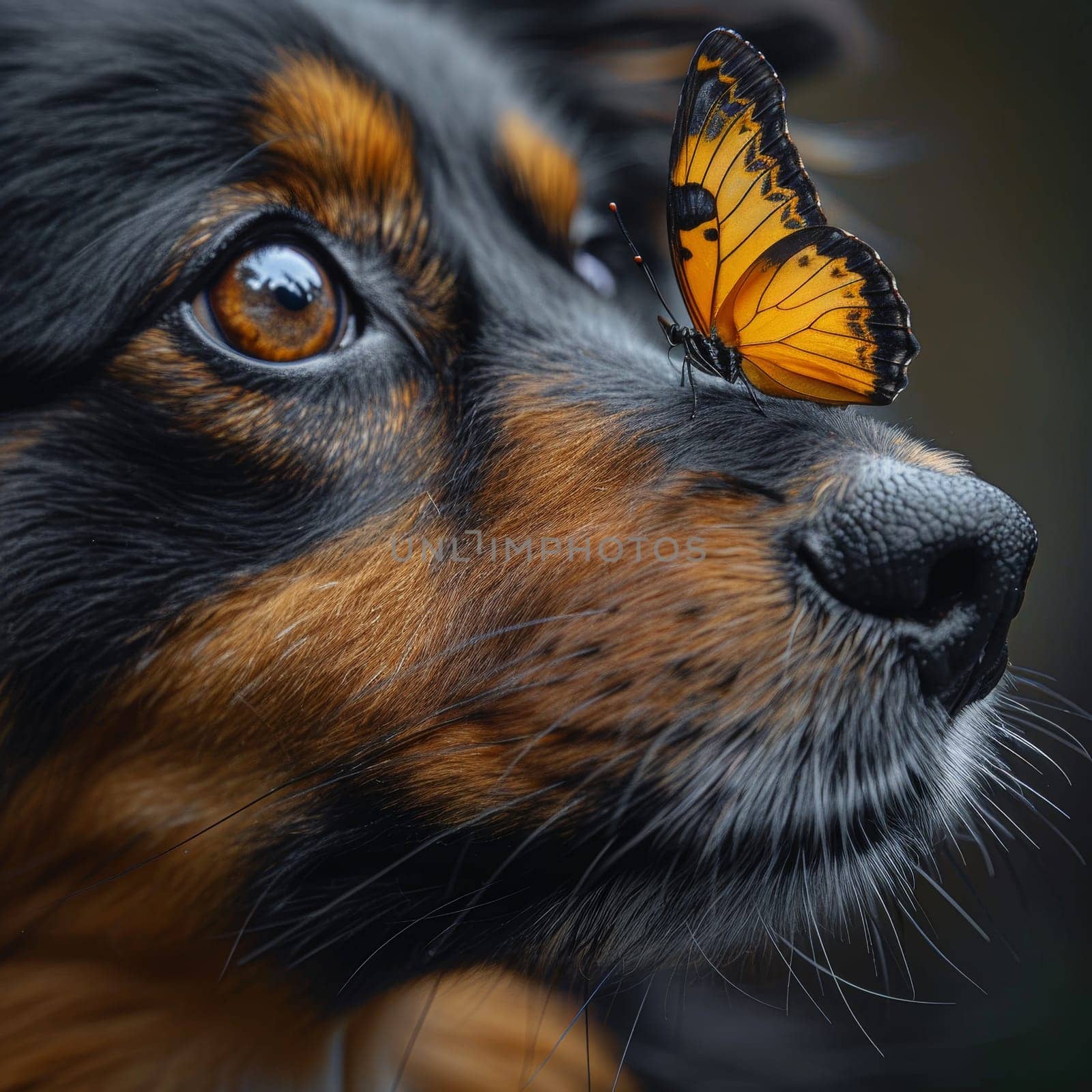 A butterfly rests on the snout of a watchful dog, their eyes reflecting an understanding beyond words. The contrast of wild wing patterns and domestic calm tells a deeper story.. by sfinks