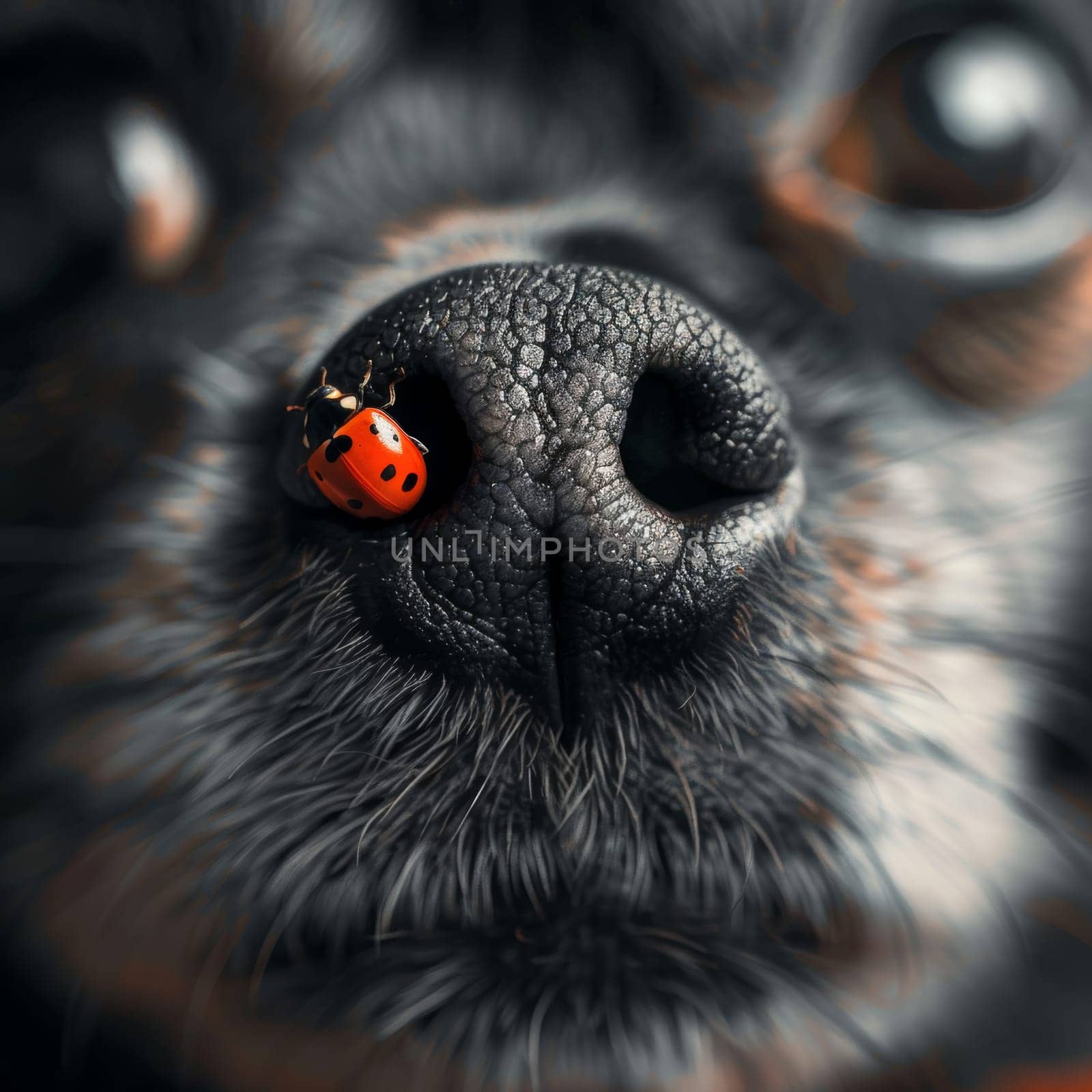 A ladybug ventures across the snout of a dog, its red and black shell standing out against the dog's textured skin. The image captures a charming interaction in nature.