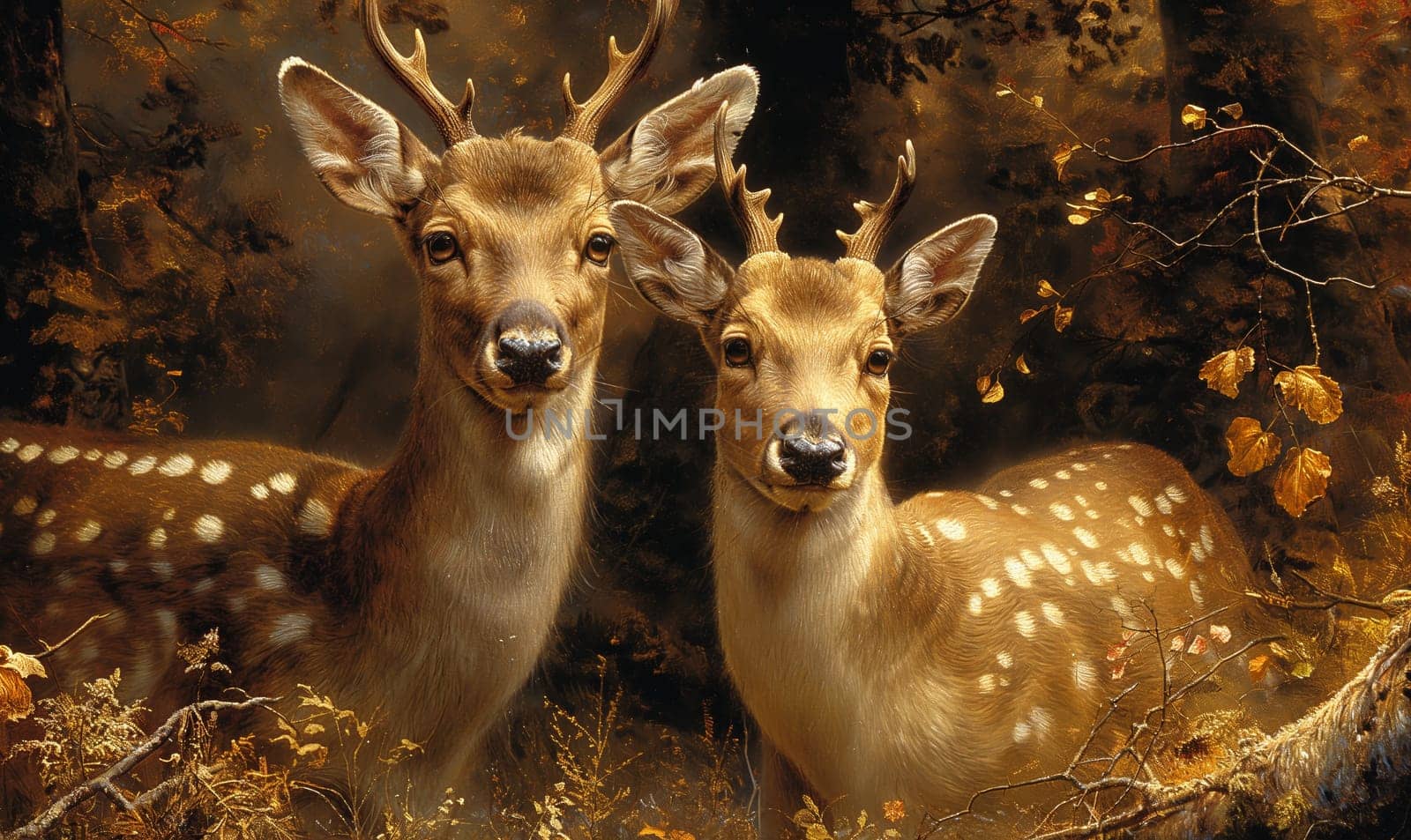 Two deer standing side by side in dense forest setting.