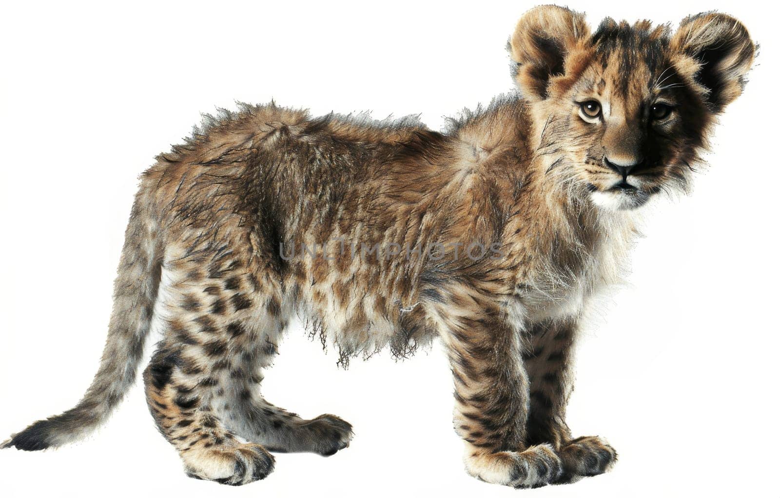 A young lion cub stands alert on a white background, its spotted fur hinting at its wild lineage and future strength.