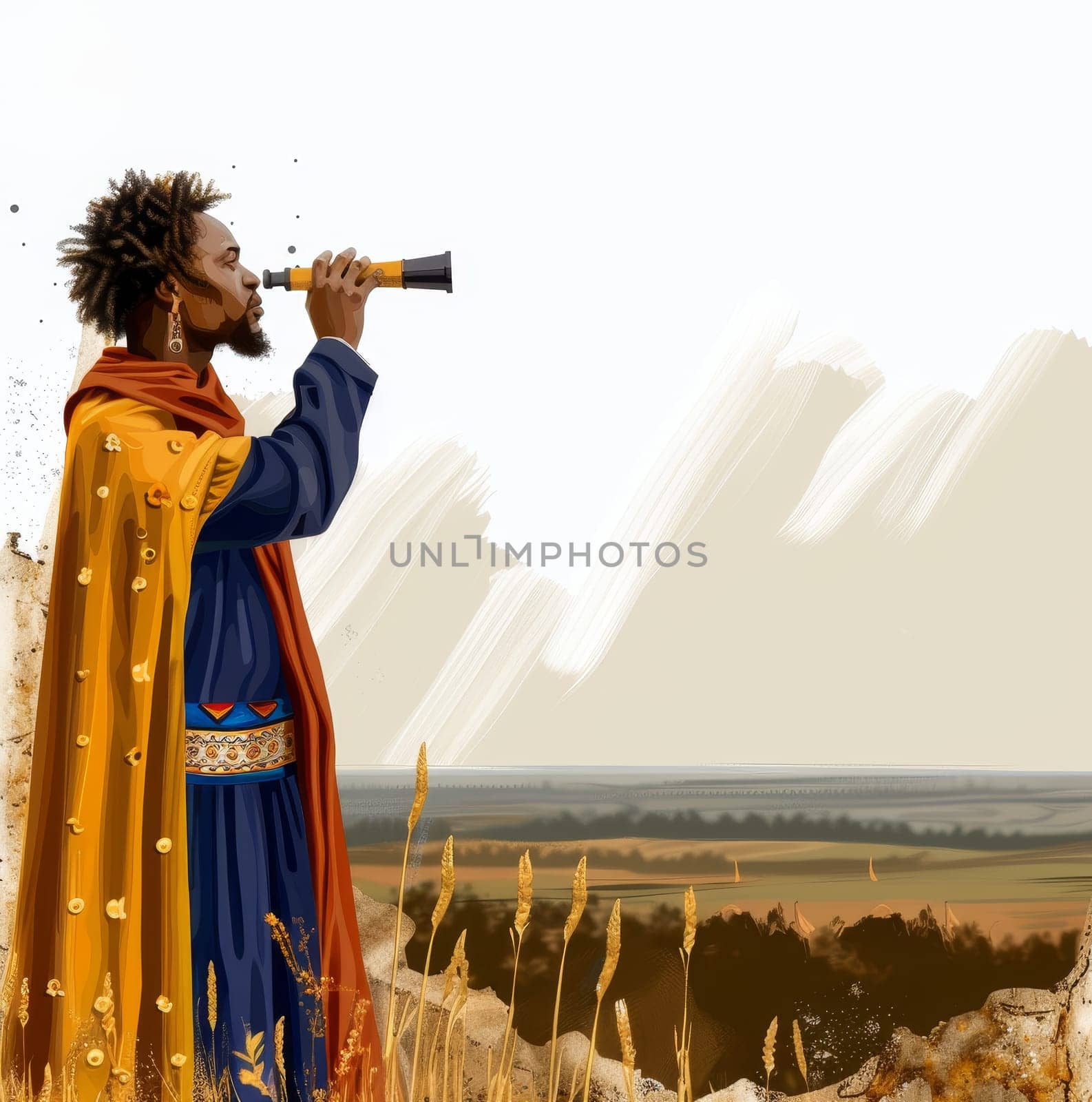 An illustration of a man in a traditional robe gazing through a telescope, surrounded by a backdrop of golden fields, symbolizing exploration and discovery.