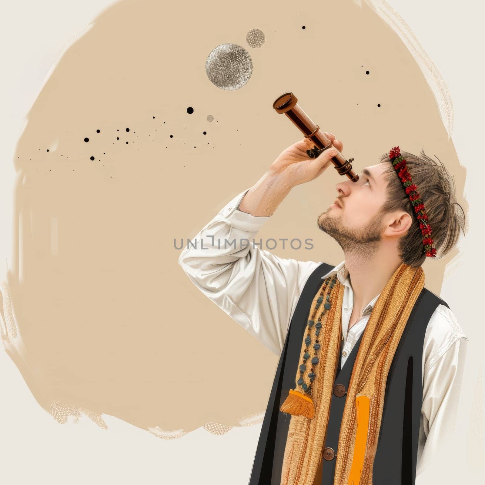 An artistic rendering of a man with a floral crown looking through a telescope, against a backdrop of abstract shapes and splashes, representing curiosity and the pursuit of knowledge.