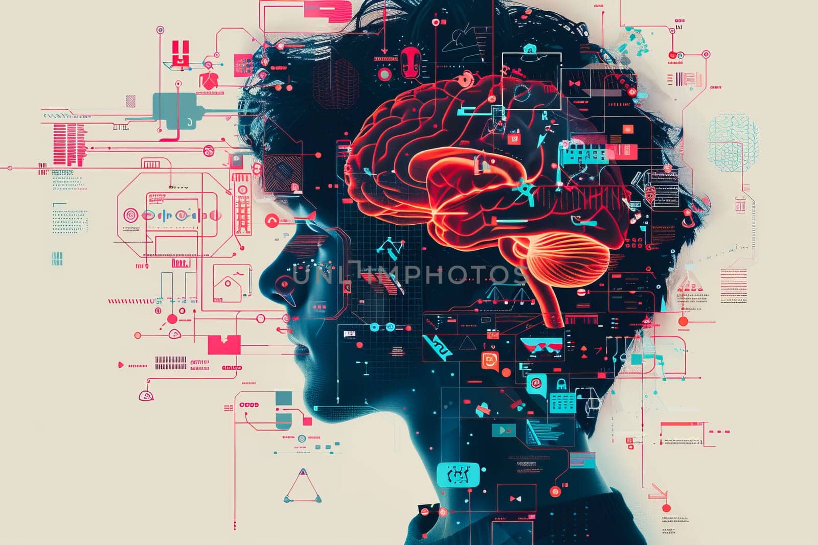 An illustration of a person's brain with AI related concepts integrated into the neural network by Manastrong