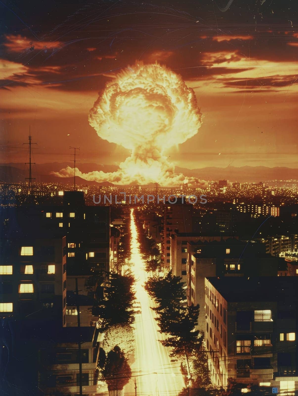 A retro-style image depicts an intense explosion over a cityscape at night, creating an atmosphere of science fiction and historical drama.. by sfinks