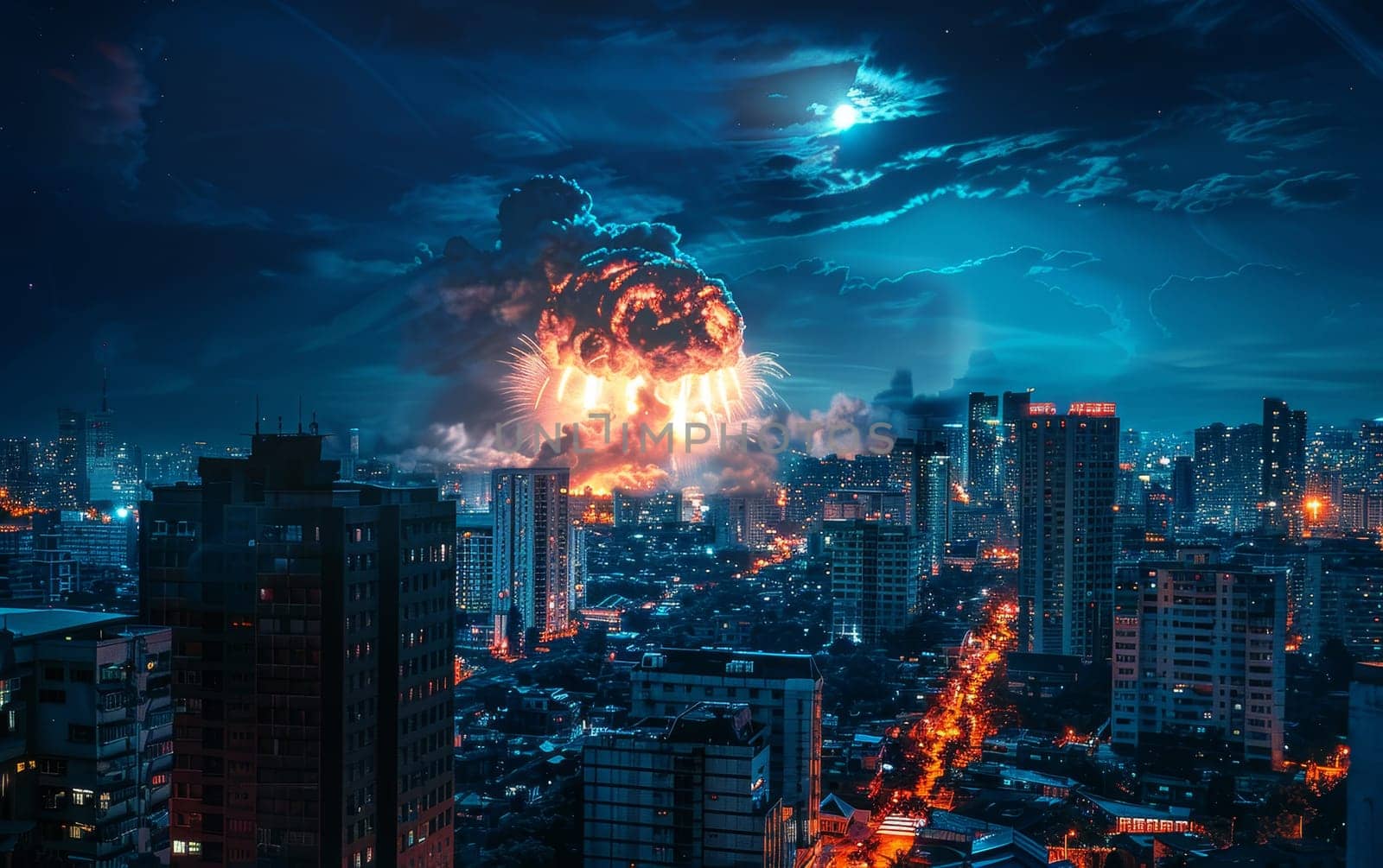 A spectacular nuclear explosion erupts in the night sky above a city, its fiery plumes creating a stark contrast against the urban skyline