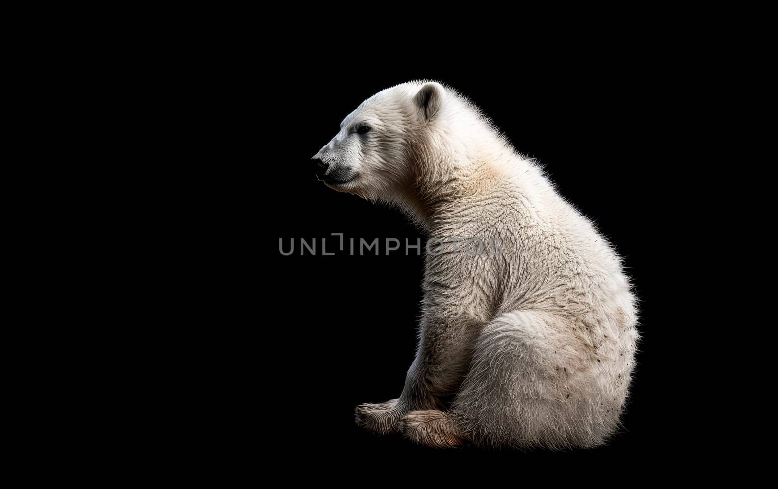 A polar bear cub stands in profile against a stark black background, its posture reflecting solitude and a silent plea for the protection of its kind.. by sfinks