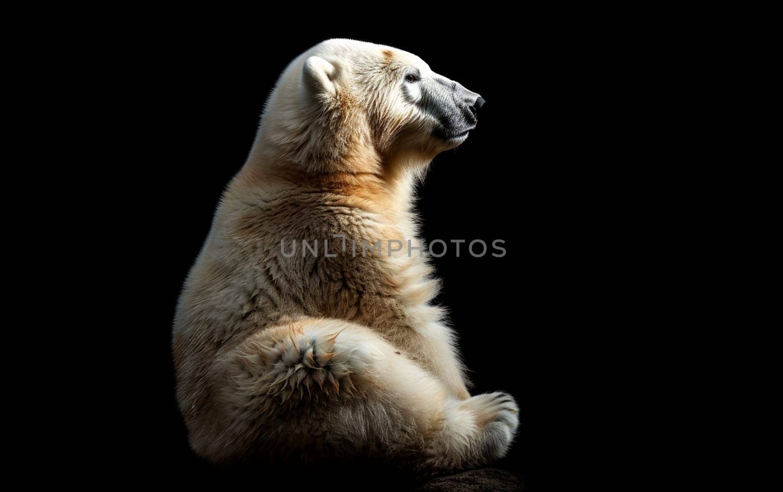 A polar bear cub stands in profile against a stark black background, its posture reflecting solitude and a silent plea for the protection of its kind.