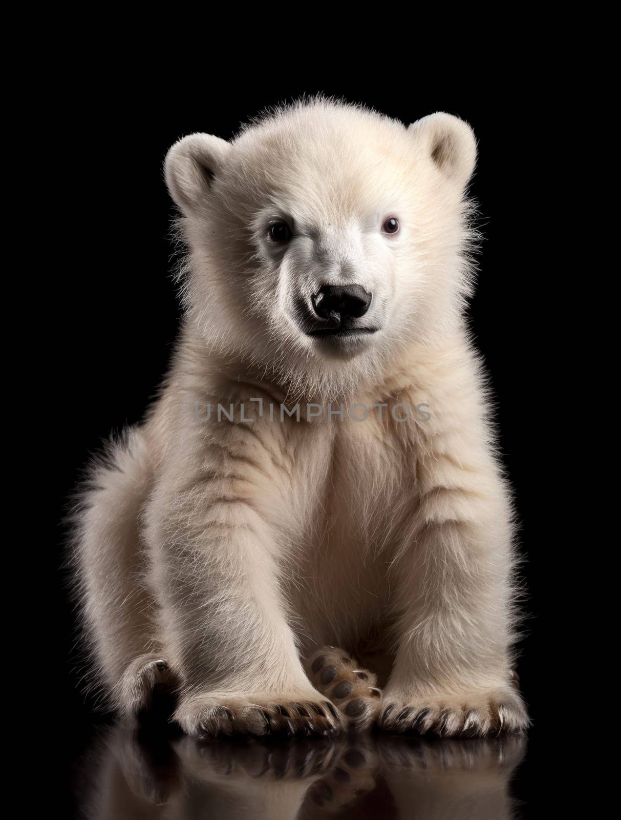 A polar bear cub sits against a dark background, its white fur glowing softly as it looks curiously towards the viewer, embodying vulnerability and the need for conservation.