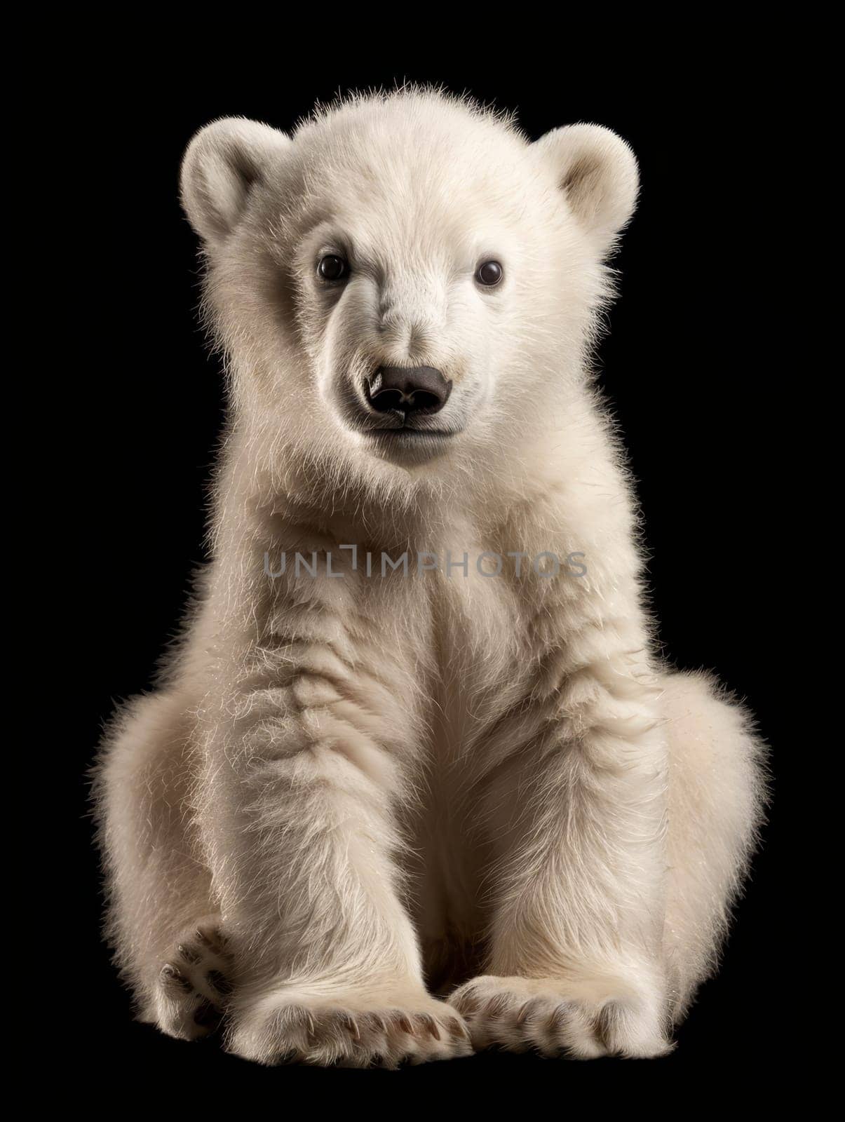 A polar bear cub sits against a dark background, its white fur glowing softly as it looks curiously towards the viewer, embodying vulnerability and the need for conservation.. by sfinks