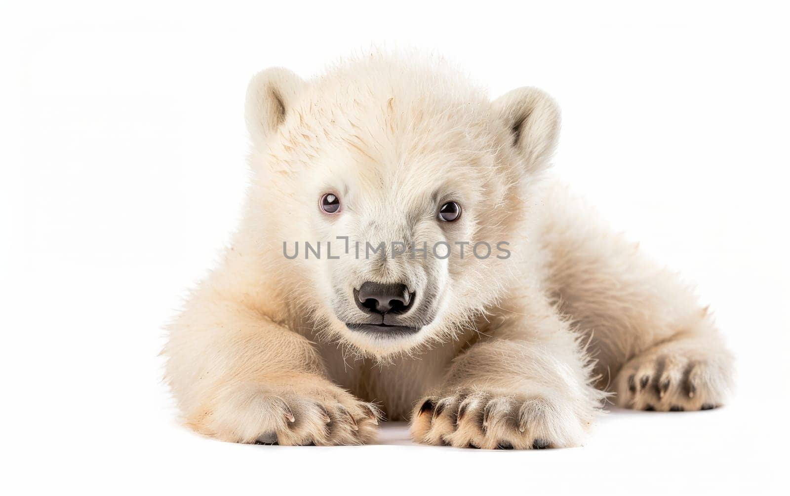 A polar bear cub lies comfortably against a white background, its innocence and vulnerability on full display. The cub's soft fur and relaxed posture create an image of peacefulness and playfulness