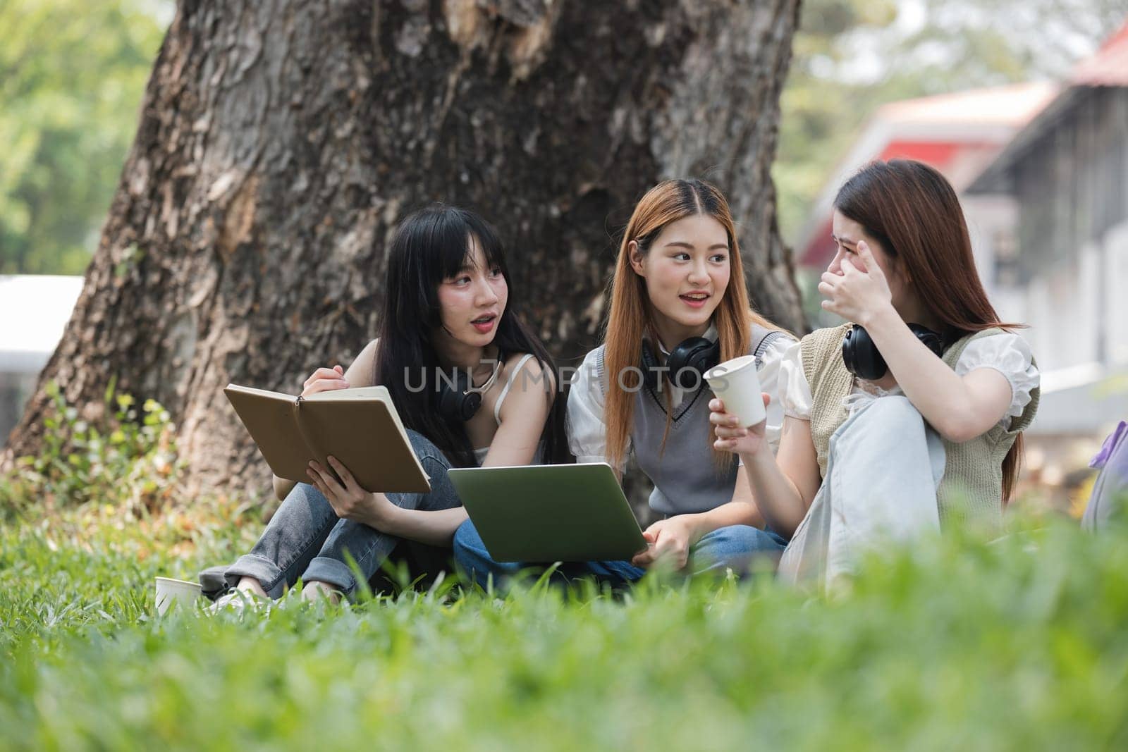 Happy Asian teenage female college students tutor together in the garden outside the university classroom. Female students happily help each other with their homework..