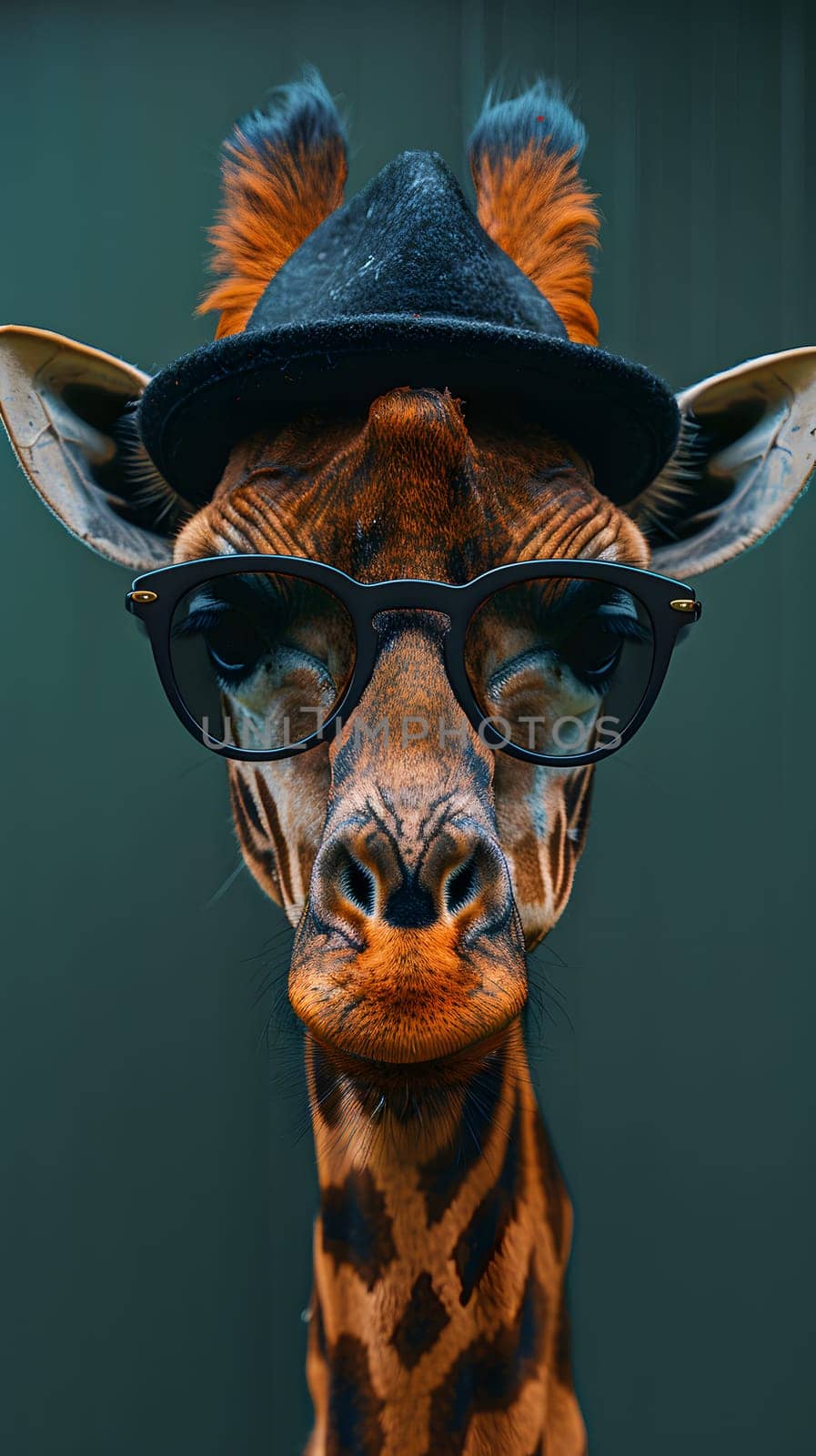 A giraffe with a hat and sunglasses gazes at the camera by Nadtochiy