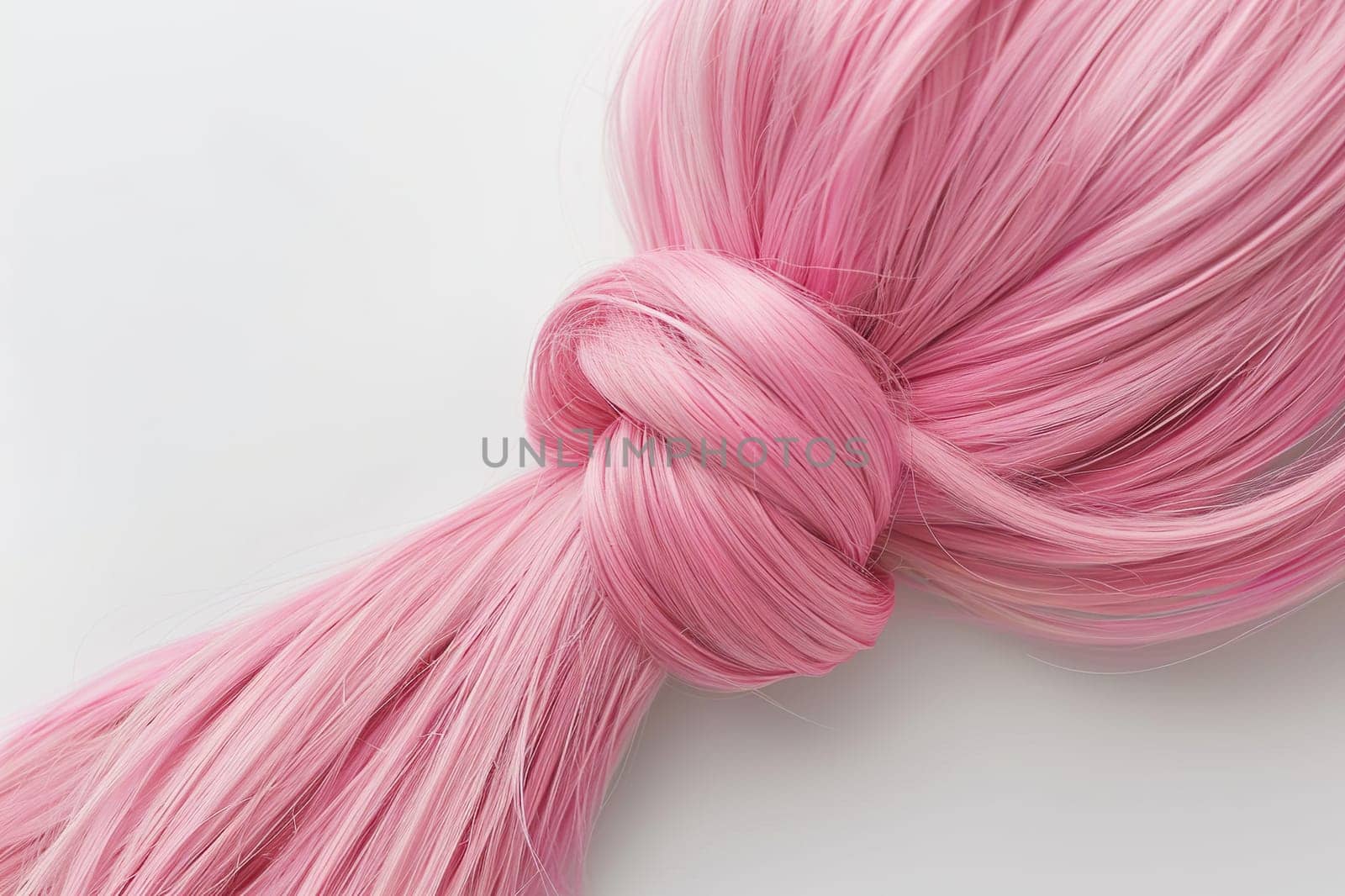 Beautiful strong shiny pink hair tied in a knot. The concept of hairdressing services for health improvement and hair coloring. Generated by artificial intelligence by Vovmar