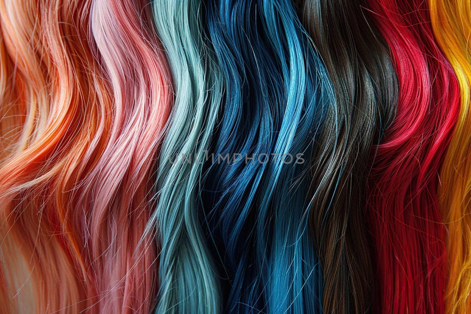 Straight strands of hair in bright colors. A palette with an example of hair dye.