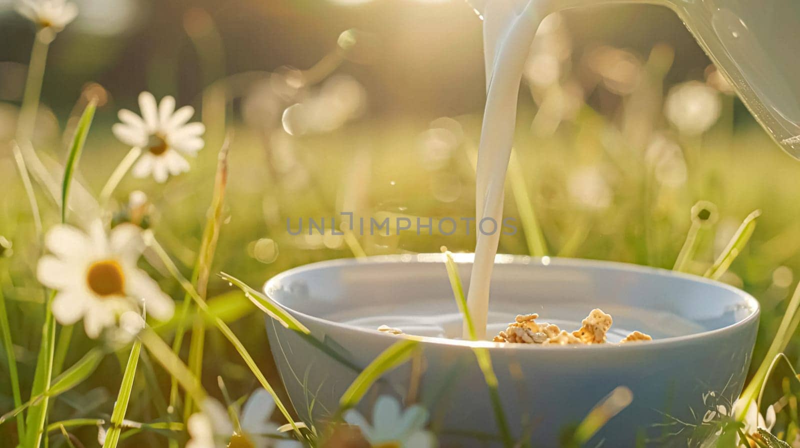 Pouring fresh milk into bowl of cereal in the English countryside field on a sunny morning for breakfast