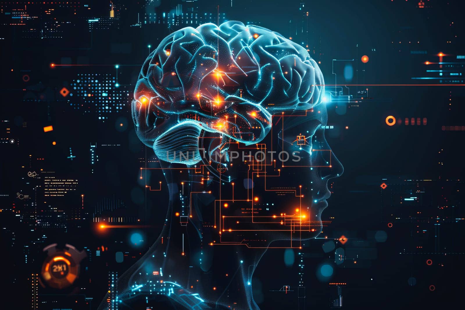 An illustration of a person's brain with AI related concepts integrated into the neural network by Manastrong