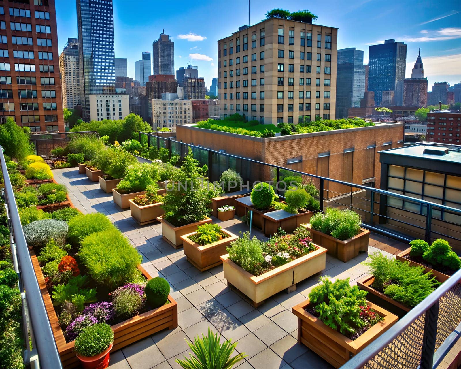 View of green roof on a modern building. Roof garden. Concept of landscaping public spaces. Ai generated image