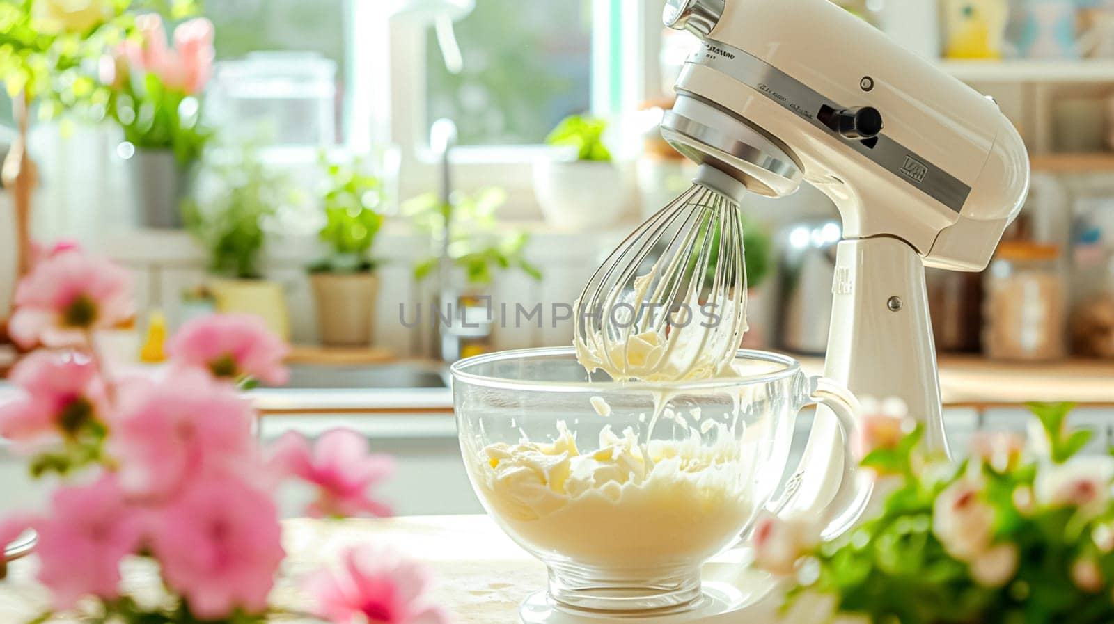Electric mixer whipping cream in glass bowl, homemade baking and traditional food, country life