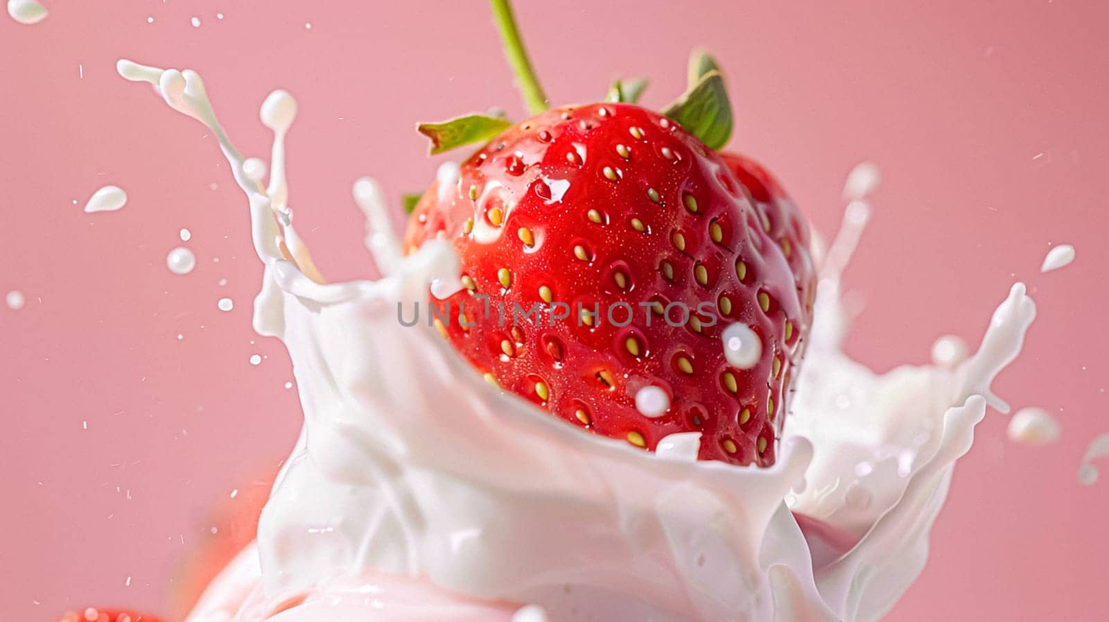 Strawberries falling into cream, milk or yoghurt on pink background, strawberry dessert by Anneleven