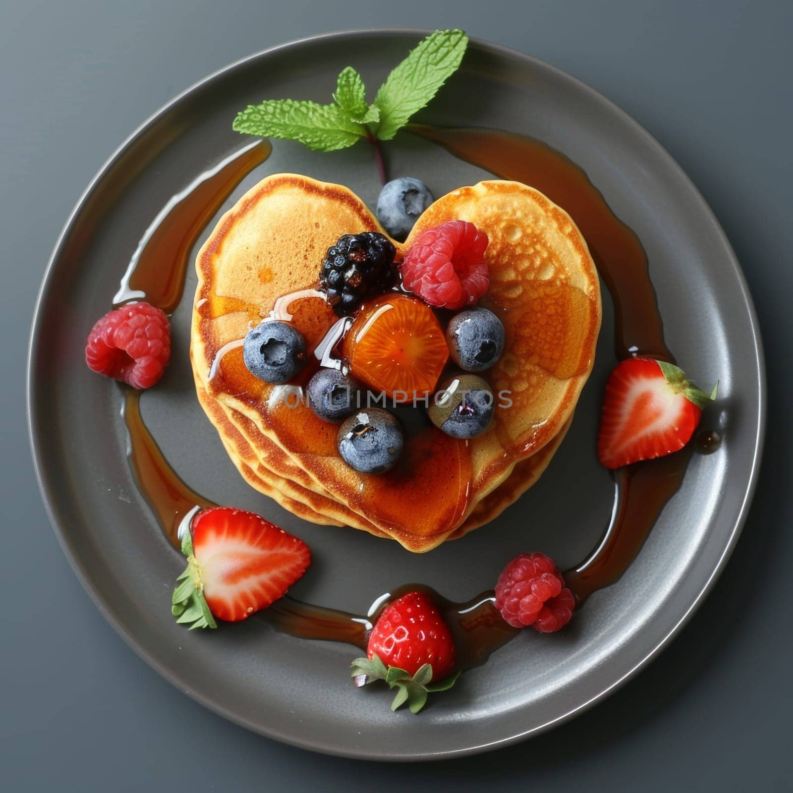 Top view of a plate of healthy gluten free pancakes with blueberries and strawberries on top.