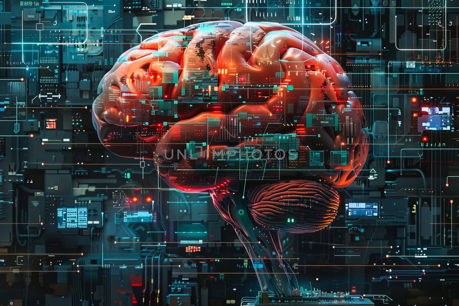 An illustration of a person's brain with AI related concepts integrated into the neural network by Manastrong