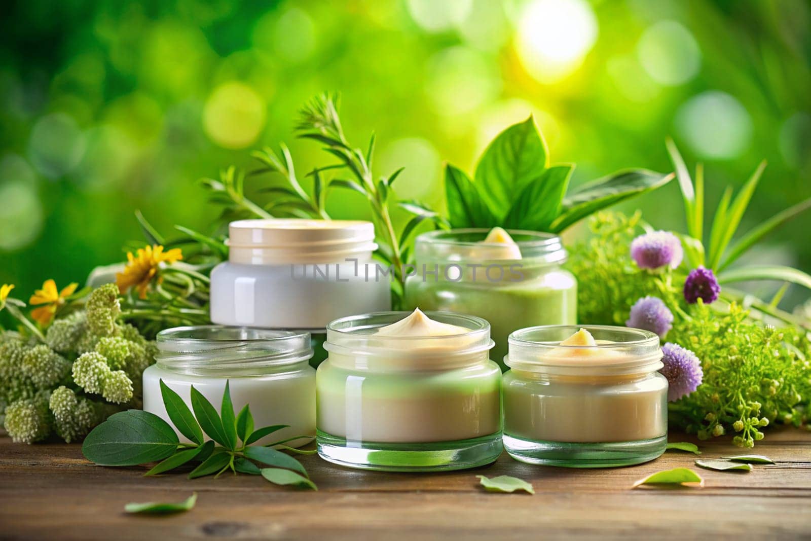 Creams in glass jars and green leaves and flowers on background. Skin and body care beauty products. Ai generated. by alenamoore