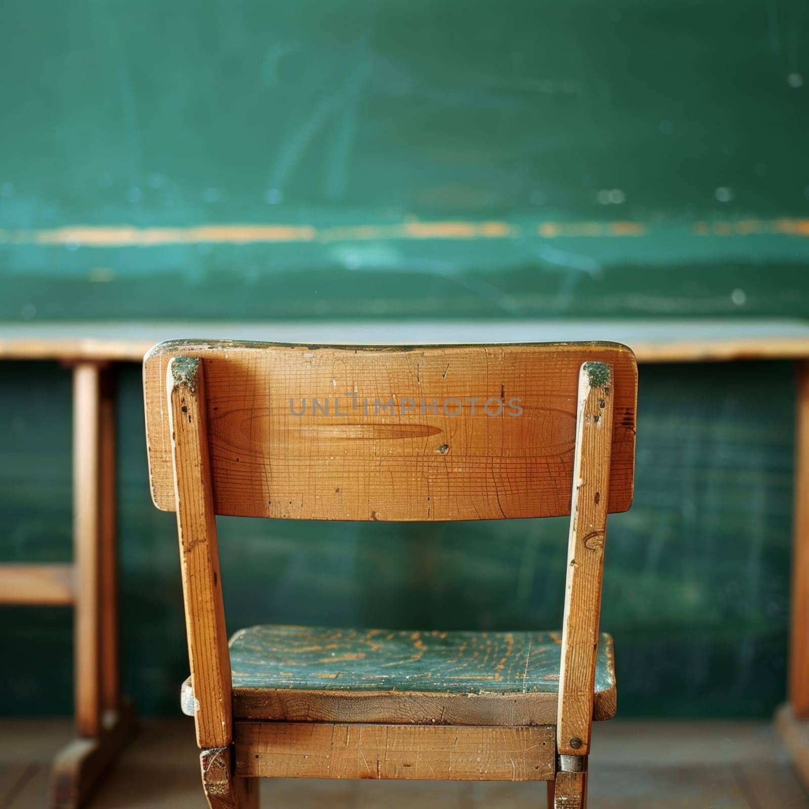 Close up of a vintage wooden chair sits in front of a green chalkboard in a school classroom with copy space by papatonic