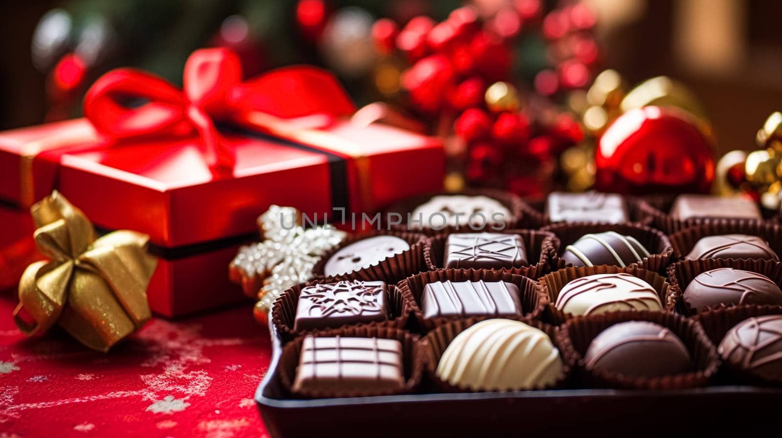 Christmas present, holidays and celebration, box of chocolate pralines, winter holiday gift by Anneleven
